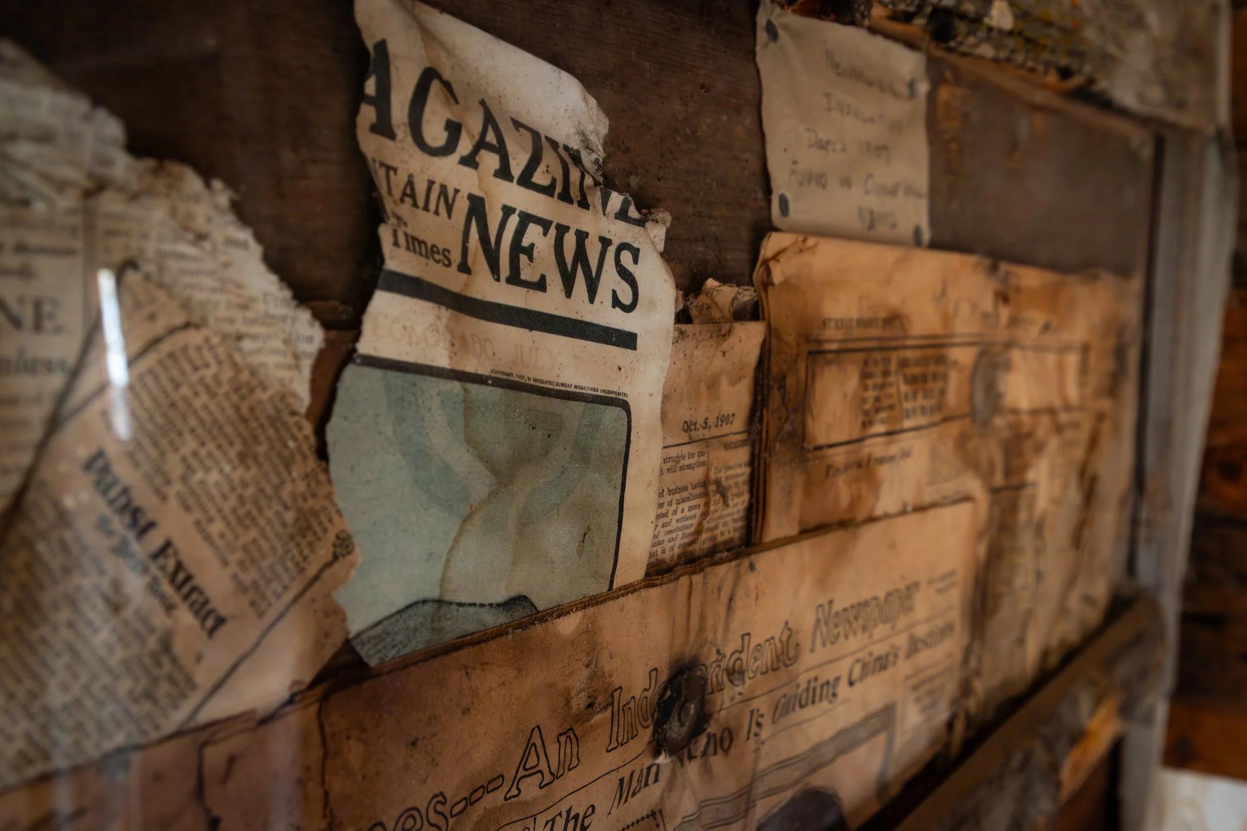 Close-up of torn, old newspaper pages and weathered papers attached to a wooden surface, some partially curled or faded.