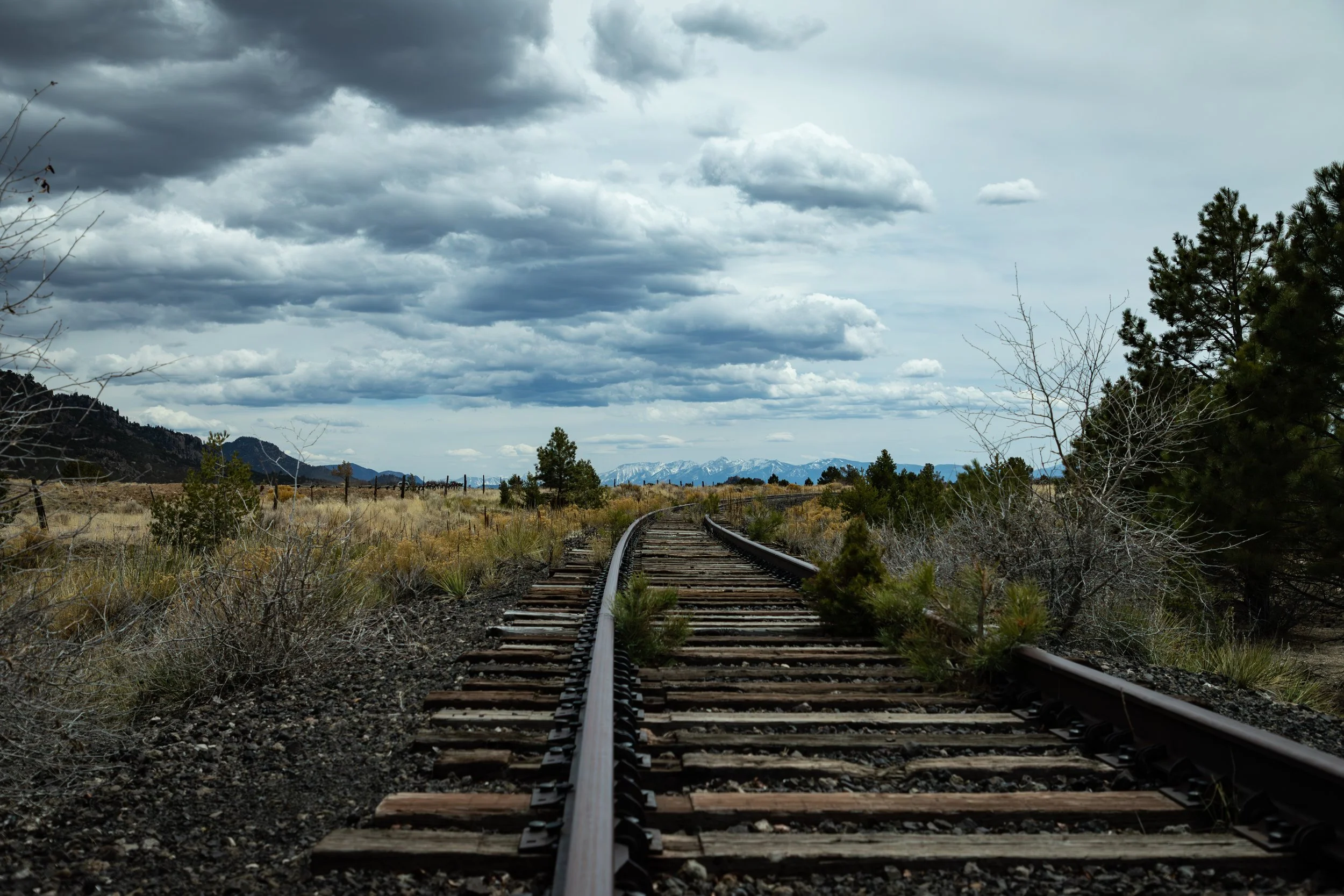 A long stretch of abandoned railway tracks running through an open landscape with dry grass and sparse trees, under a cloudy sky with dark storm clouds and distant snow-capped mountains.