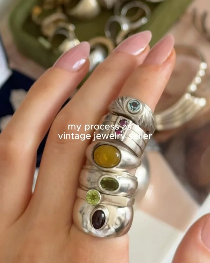 In case you were curious what goes on behind the scenes at Lucky Sunday&hellip;.☘︎ ݁˖༘⋆ here&rsquo;s a bit of insight into my process as a vintage jewelry seller (including sneak peaks of some of the rings that will be available to purchase in this S
