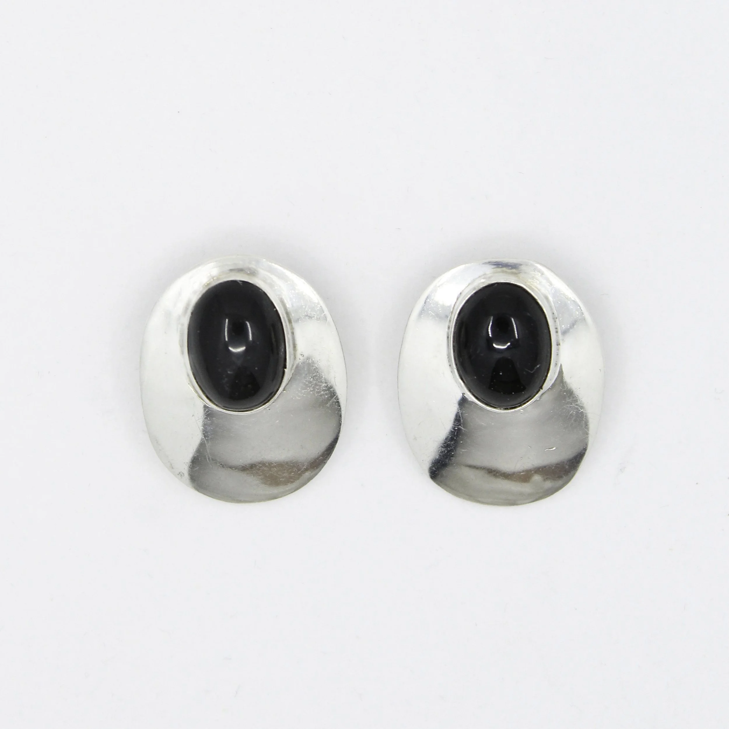Vintage Silver Onyx Oval Clip-On Earrings
