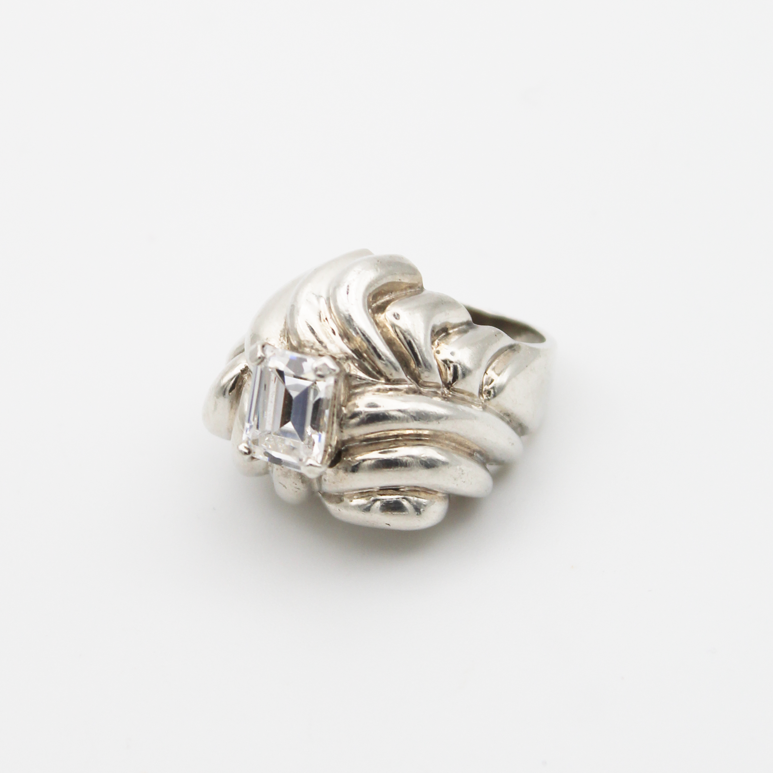 Vintage Silver CZ Puffy Ribbed Statement Ring