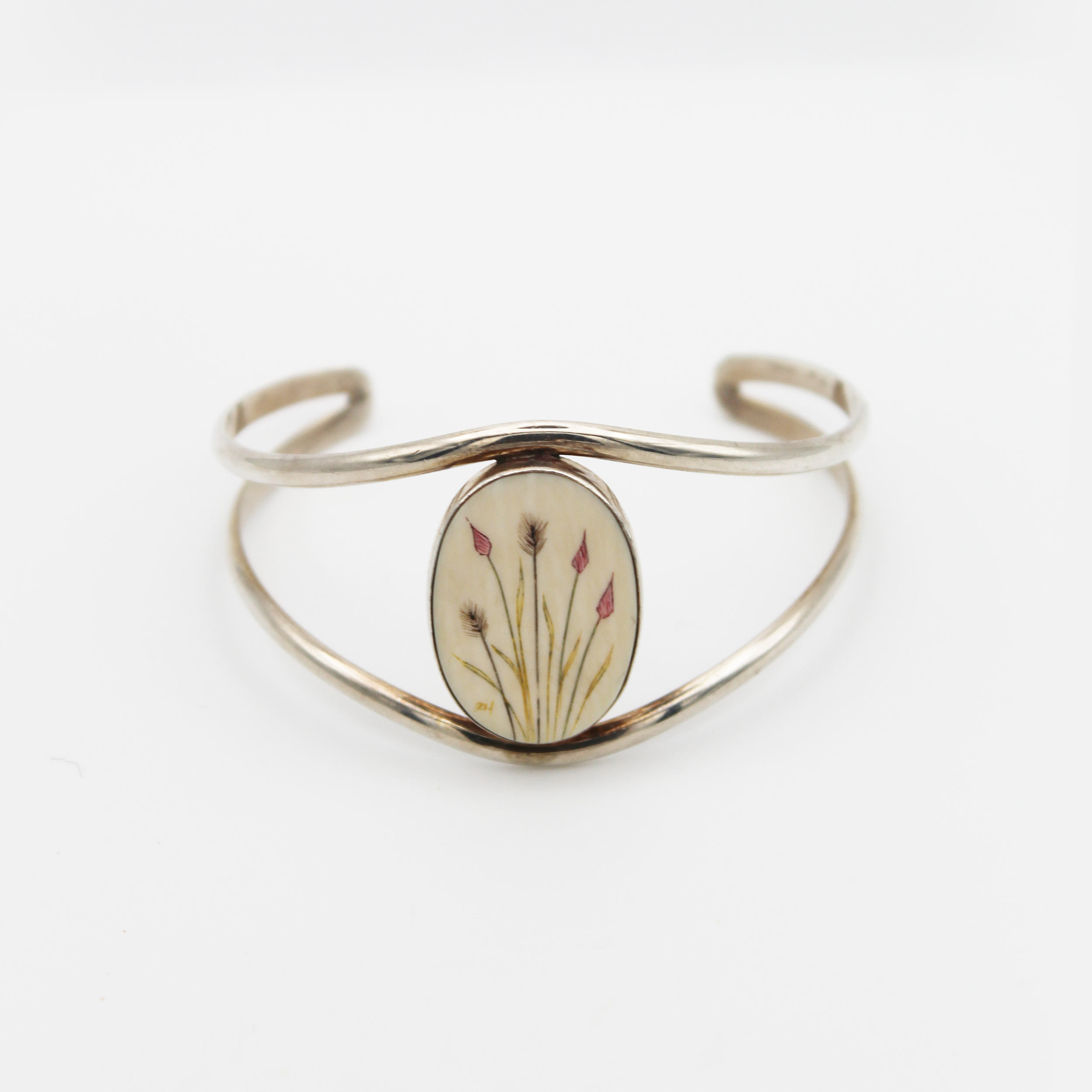 Vintage Silver Hand-Painted Shell Cuff