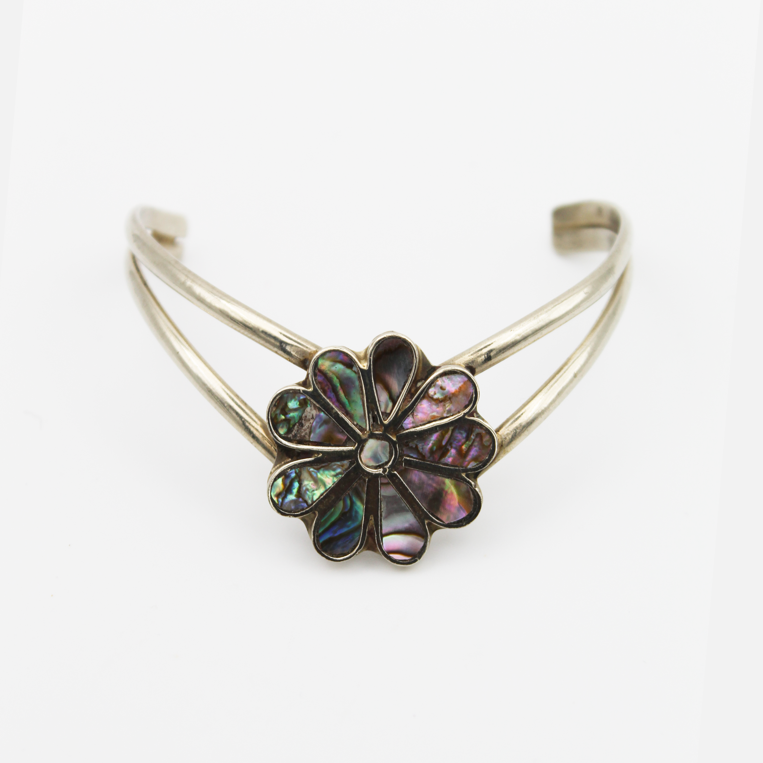 Vintage Silver Abalone Flower Cuff