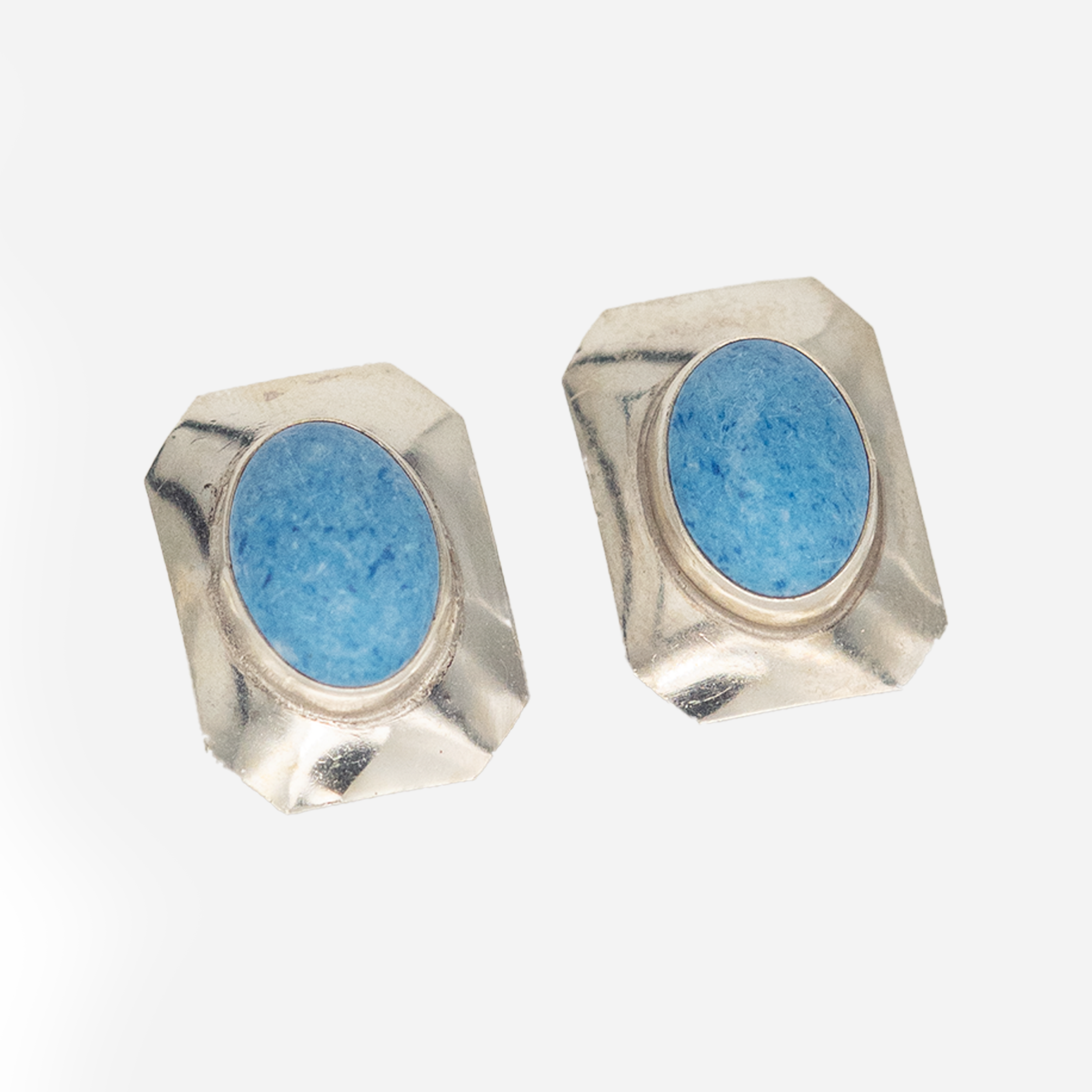 Vintage Silver Blue Aventurine Bezel Earrings