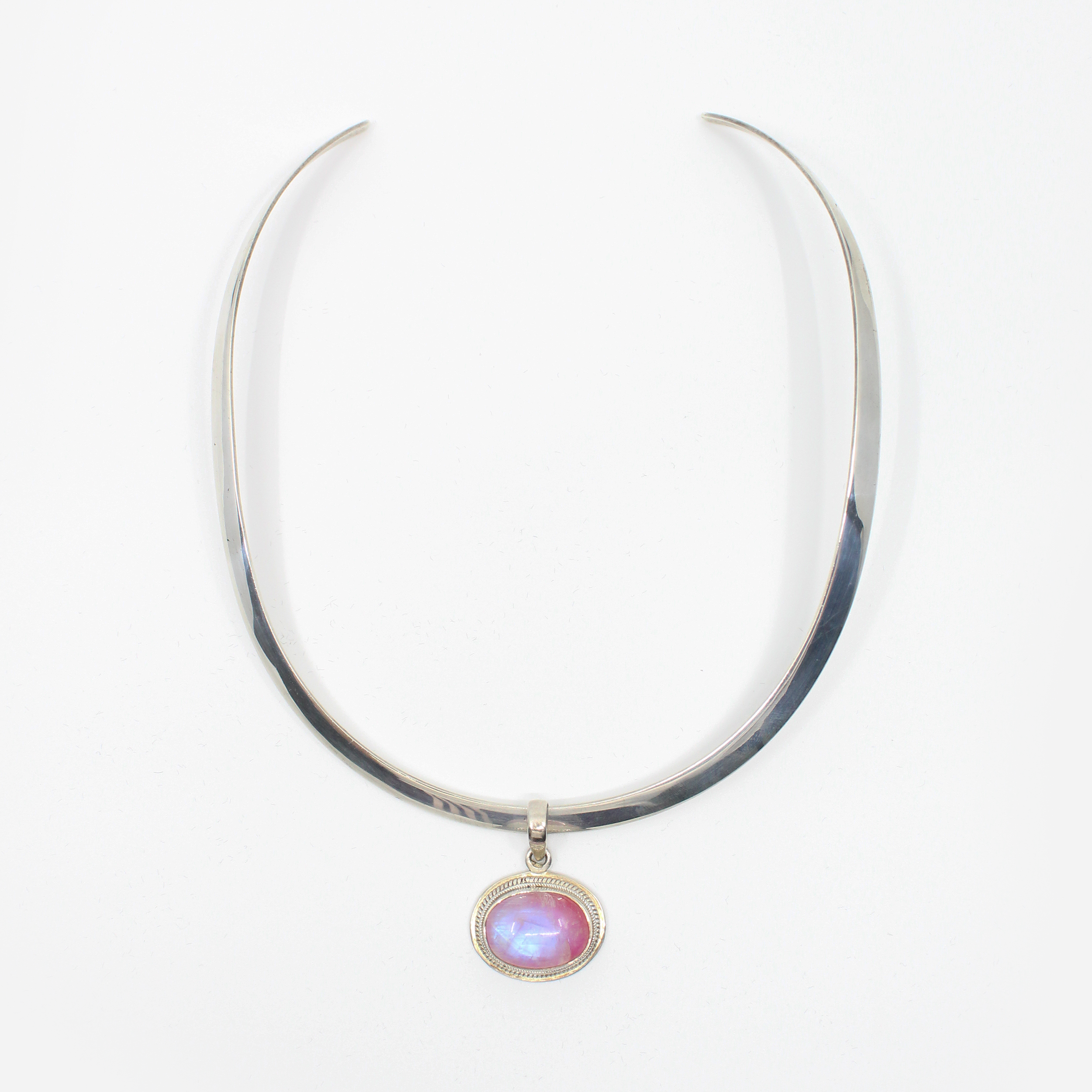 Vintage Silver Pink Moonstone Cuff Necklace