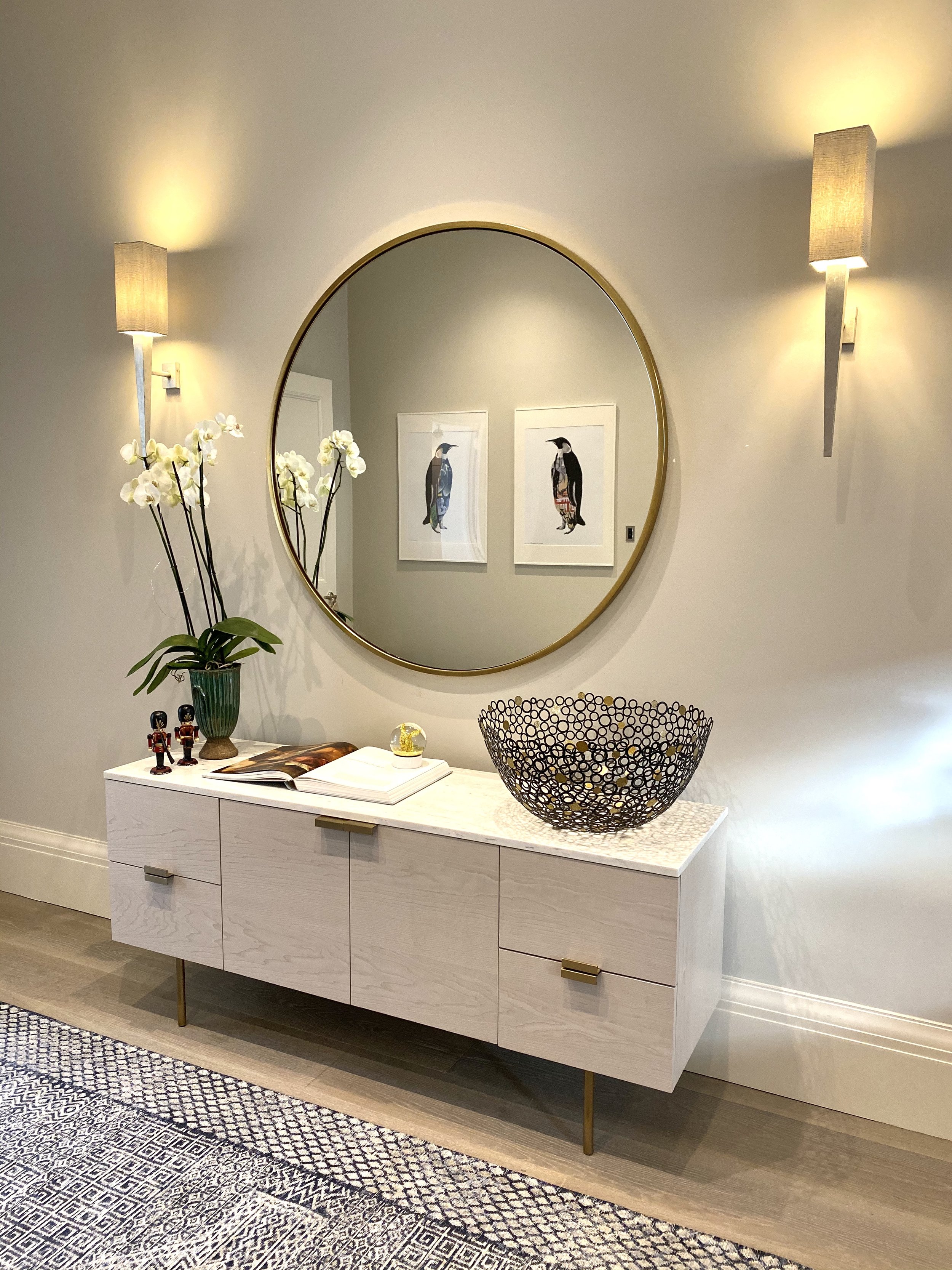 interior design and styling entrance console with beautiful mirror in entrance hall