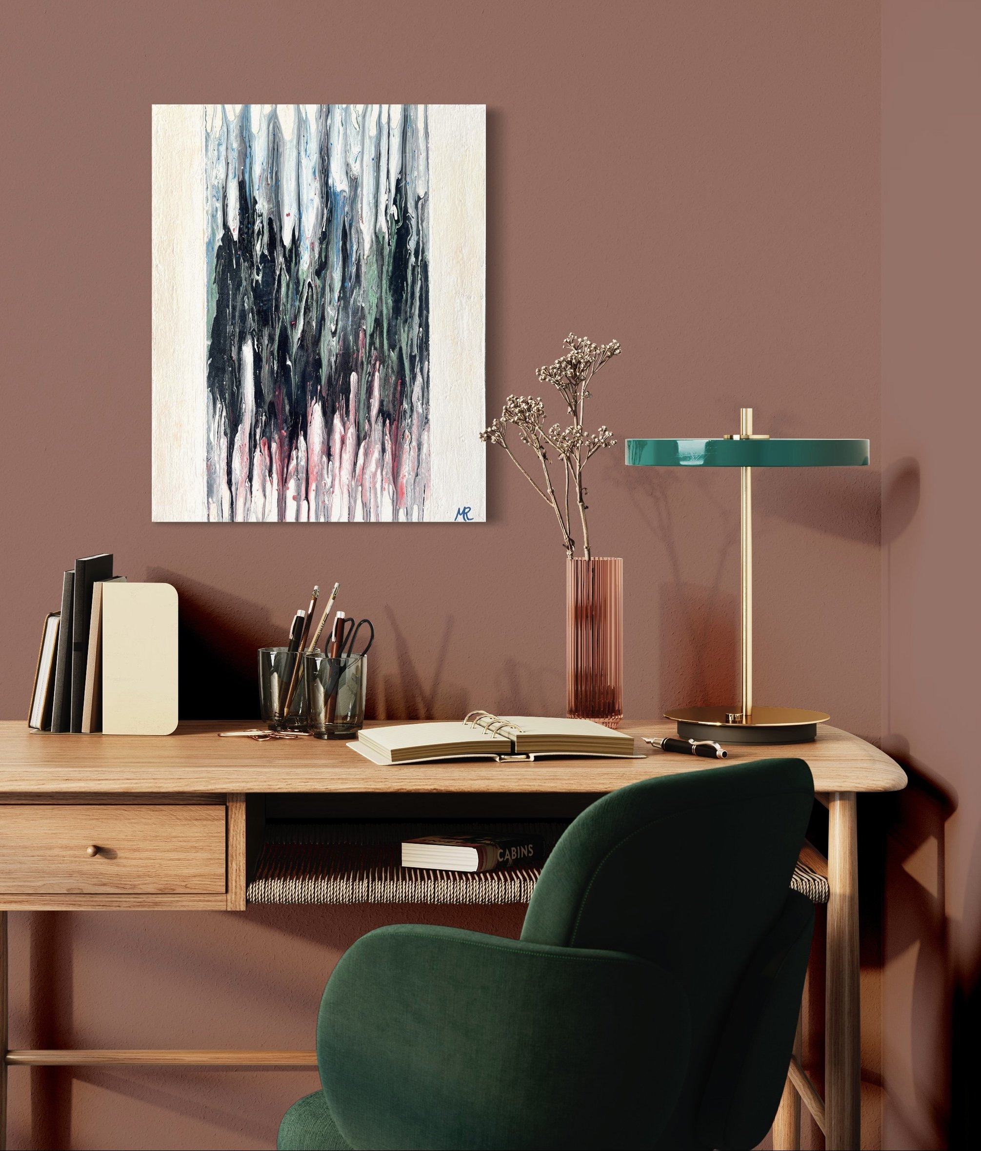 Contrasted with black and thick white with pink tinted borders, this piece will take you back to the late 20th century. Multiple layers add depth and texture for an overall bodacious mood.