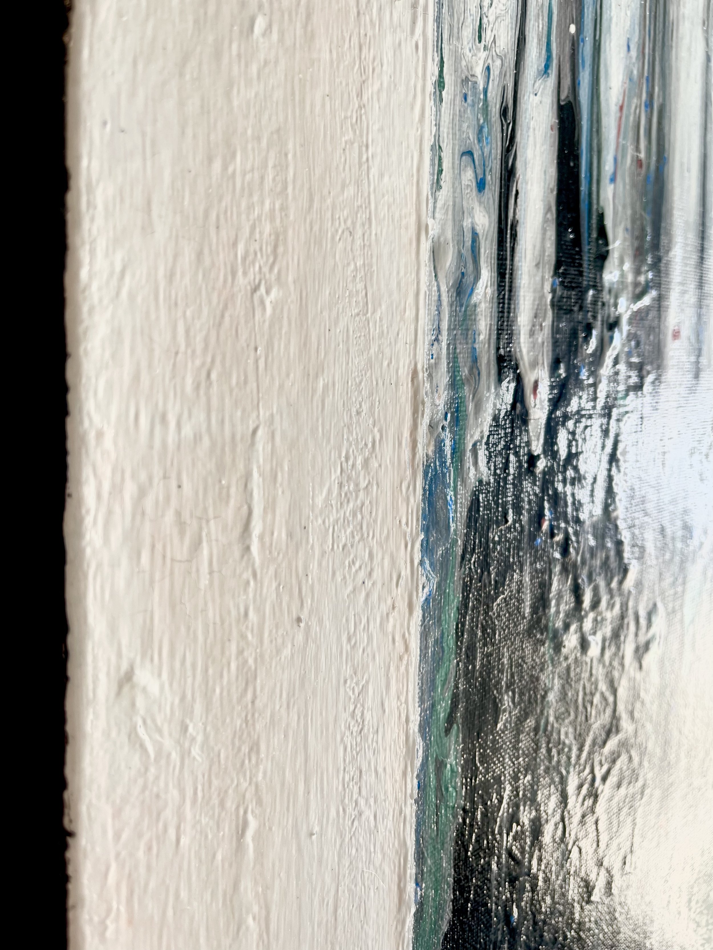 Contrasted with black and thick white with pink tinted borders, this piece will take you back to the late 20th century. Multiple layers add depth and texture for an overall bodacious mood.