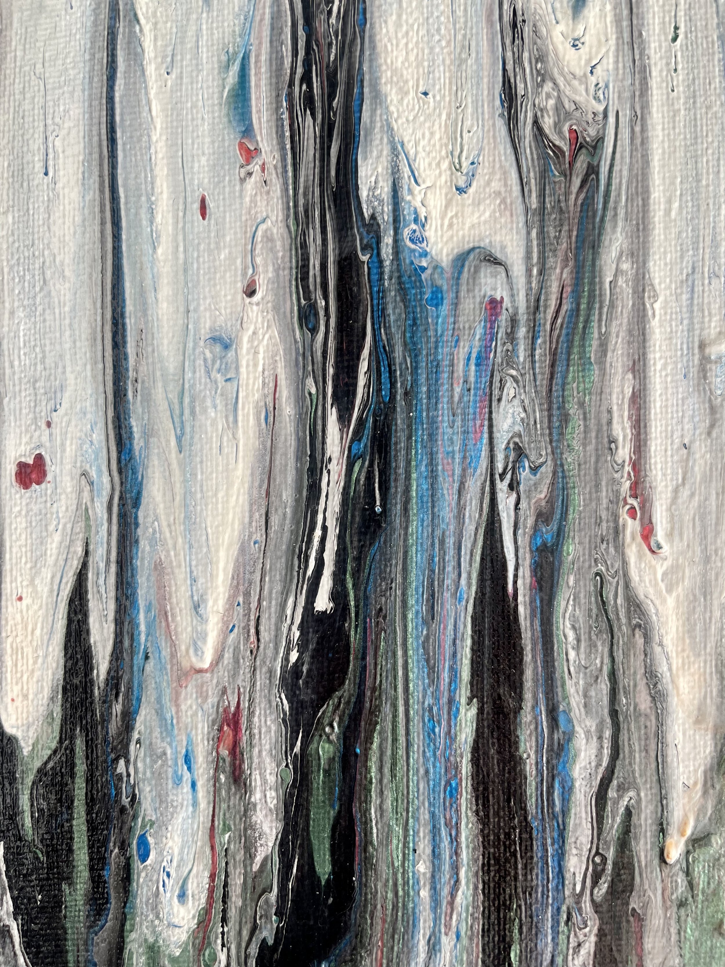 Contrasted with black and thick white with pink tinted borders, this piece will take you back to the late 20th century. Multiple layers add depth and texture for an overall bodacious mood.