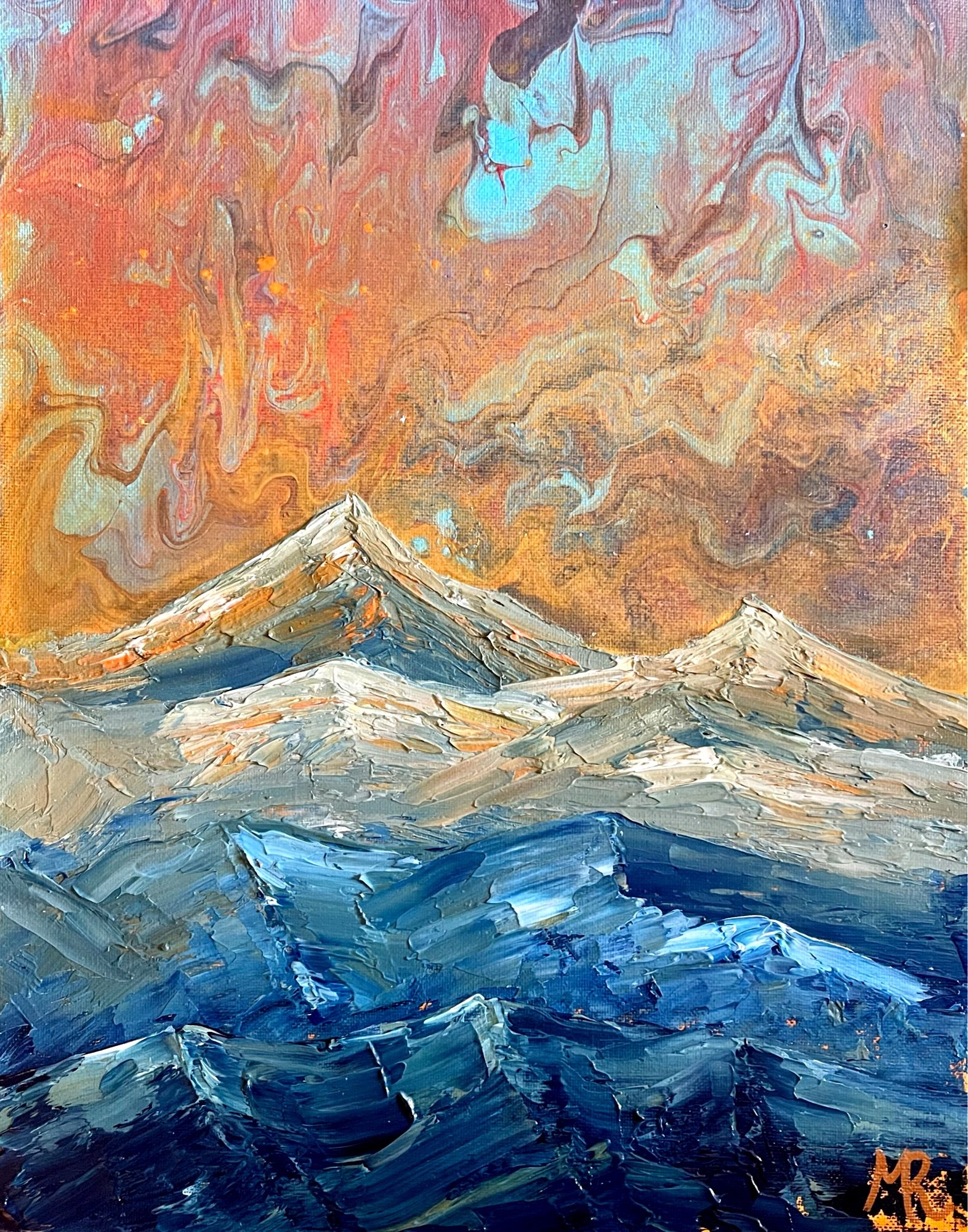 This piece called for an abstract sky with a saturated mountain range at sunset. A shimmering gold completes the piece and reflects different lighting as a client walks by.
