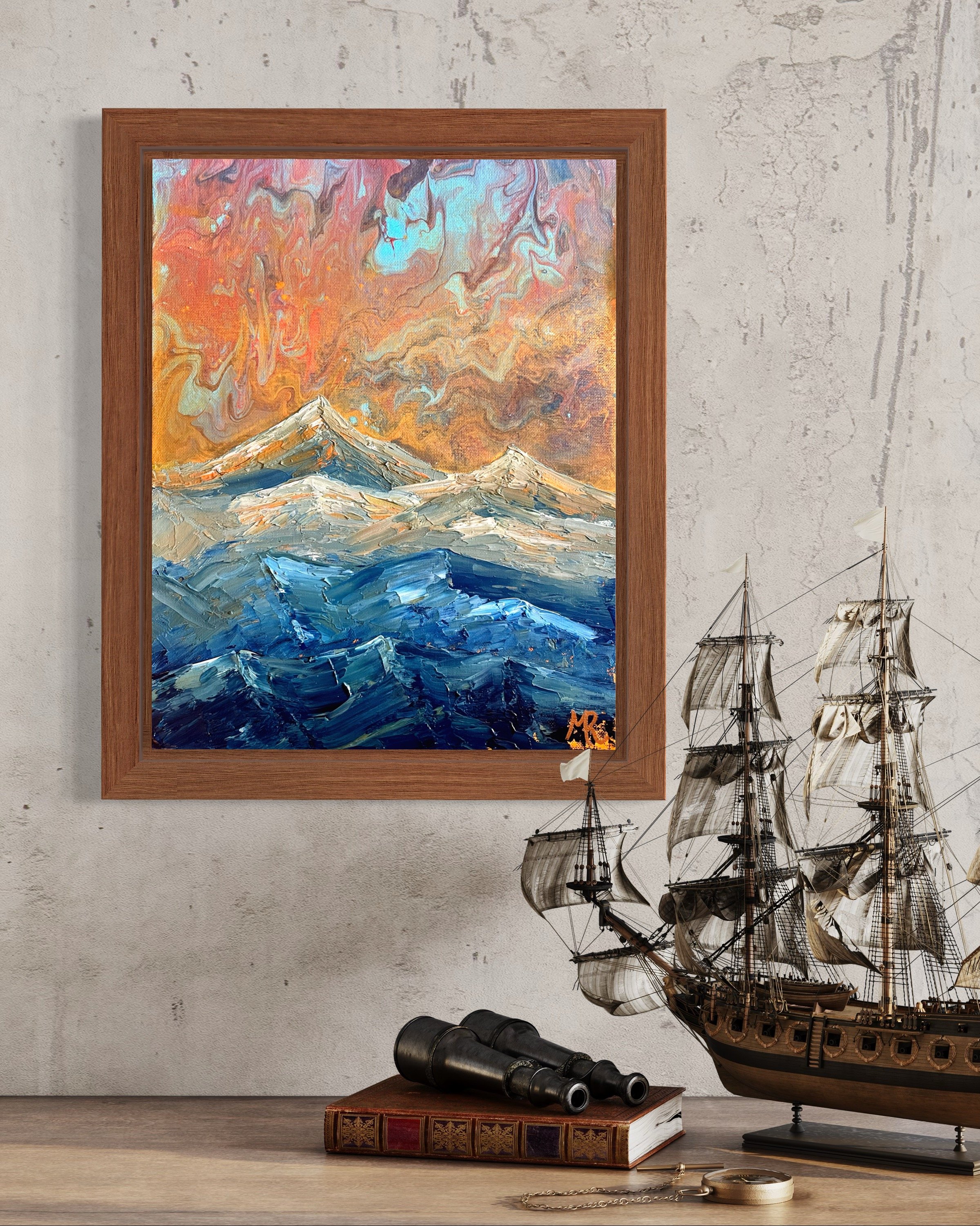 This piece called for an abstract sky with a saturated mountain range at sunset. A shimmering gold completes the piece and reflects different lighting as a client walks by.