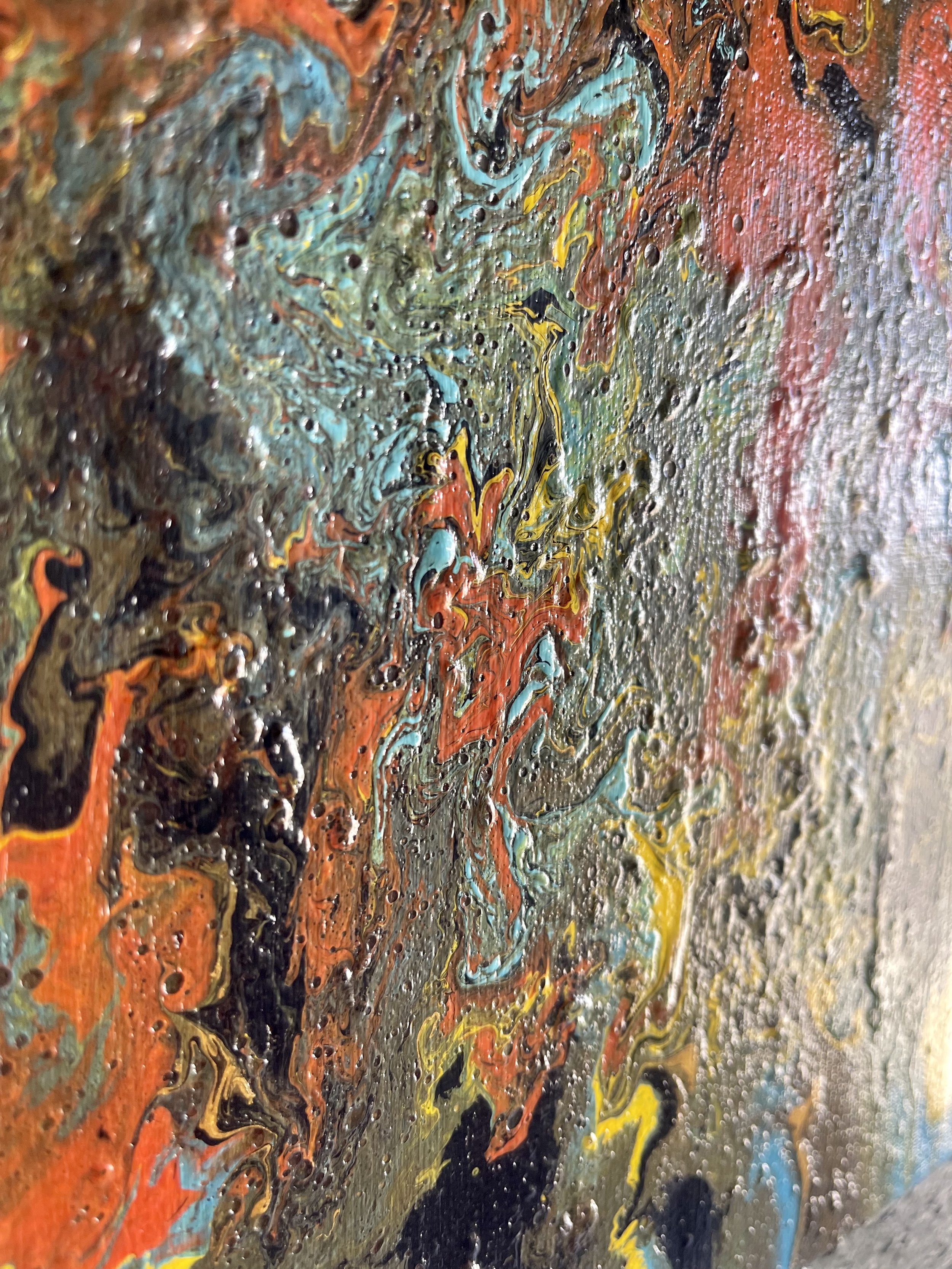 Riot is a collision of muddy brown and bright orange, blue, and yellow. Create a raw, masculine perspective in a neutral space.