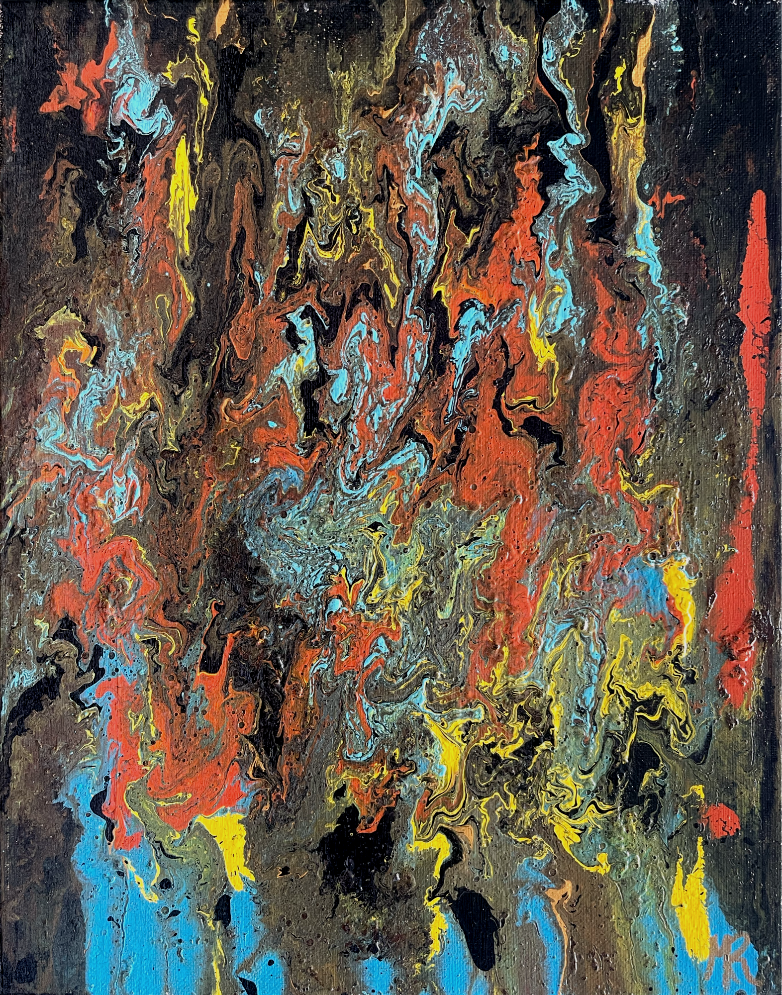 Riot is a collision of muddy brown and bright orange, blue, and yellow. Create a raw, masculine perspective in a neutral space.