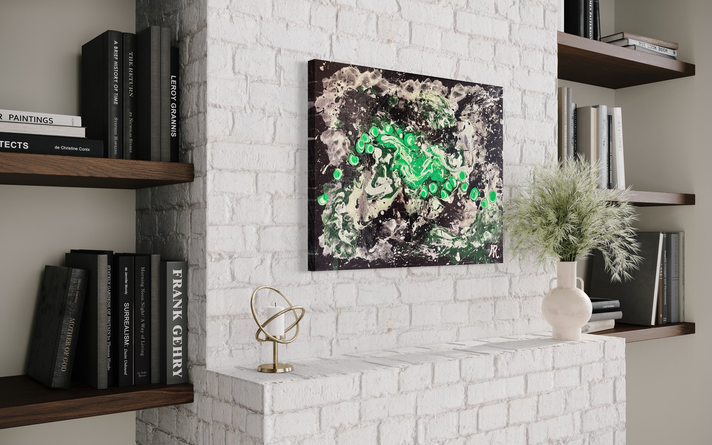 Muted black, dark and metallic mint greens are spearheaded by a powerful presence of lime green and white in Demagogue.