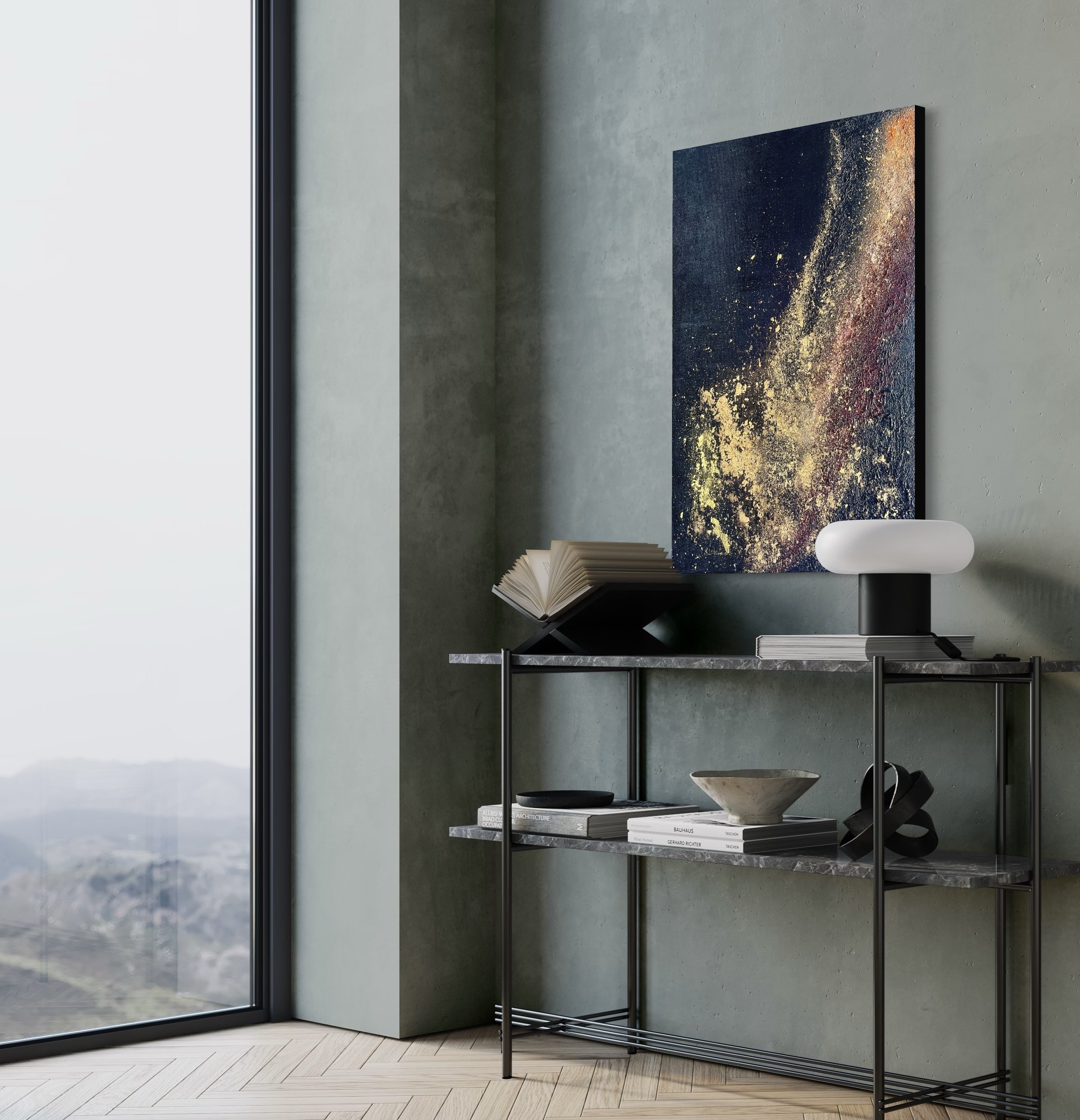 Confined onto a relatively small canvas, black space launches viewers into a heavily textured aurora with deep reds, oranges, and shimmering hot gold to encapsulate the depth of our existence.