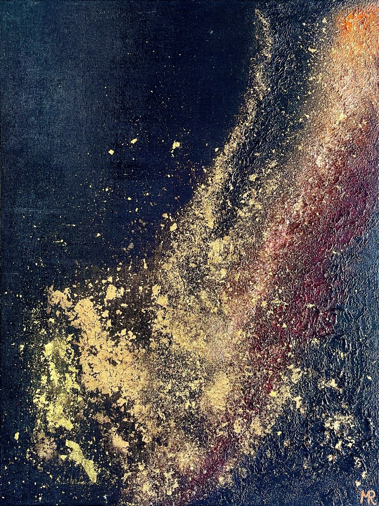 Confined onto a relatively small canvas, black space launches viewers into a heavily textured aurora with deep reds, oranges, and shimmering hot gold to encapsulate the depth of our existence.