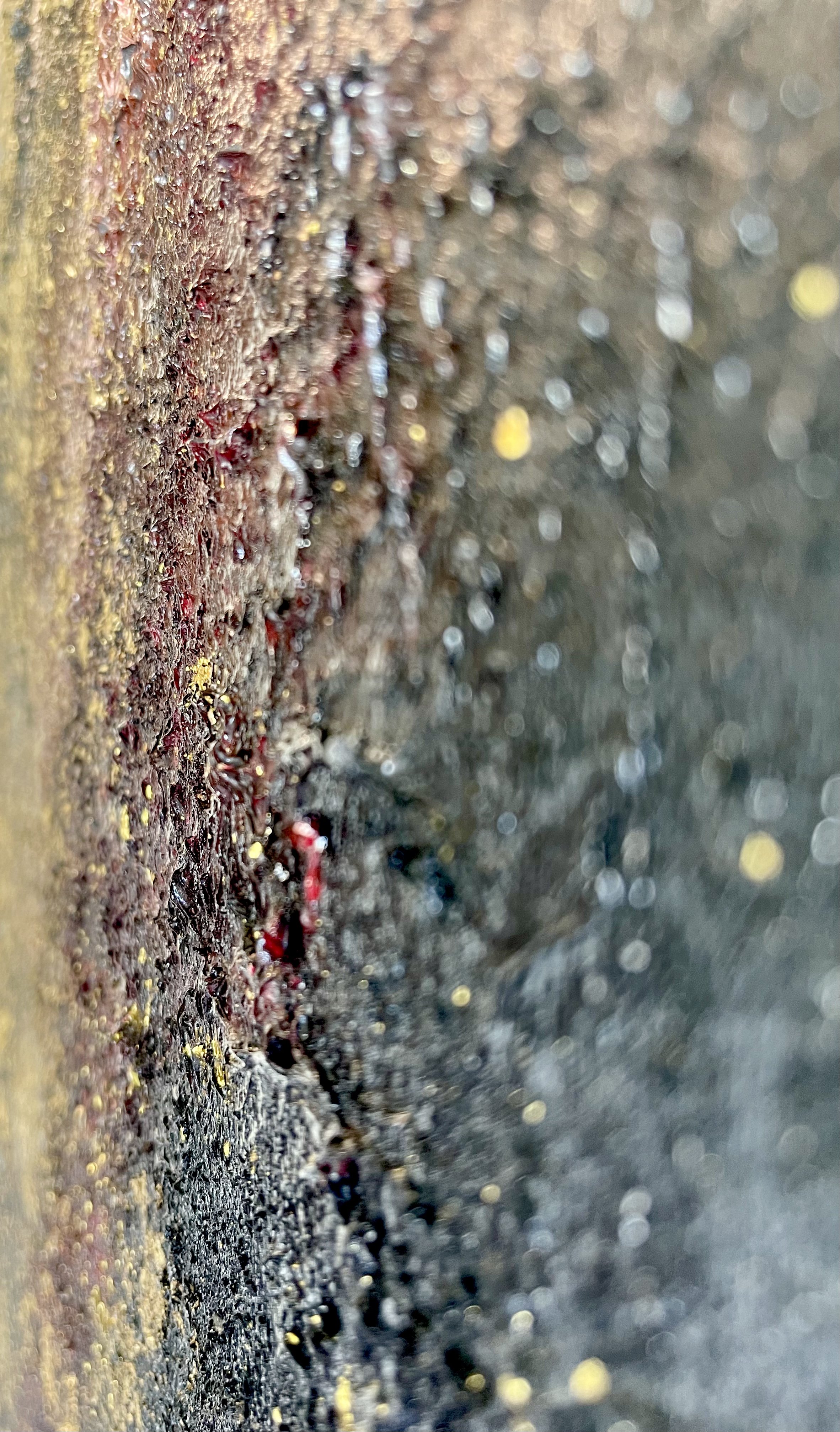 Confined onto a relatively small canvas, black space launches viewers into a heavily textured aurora with deep reds, oranges, and shimmering hot gold to encapsulate the depth of our existence.