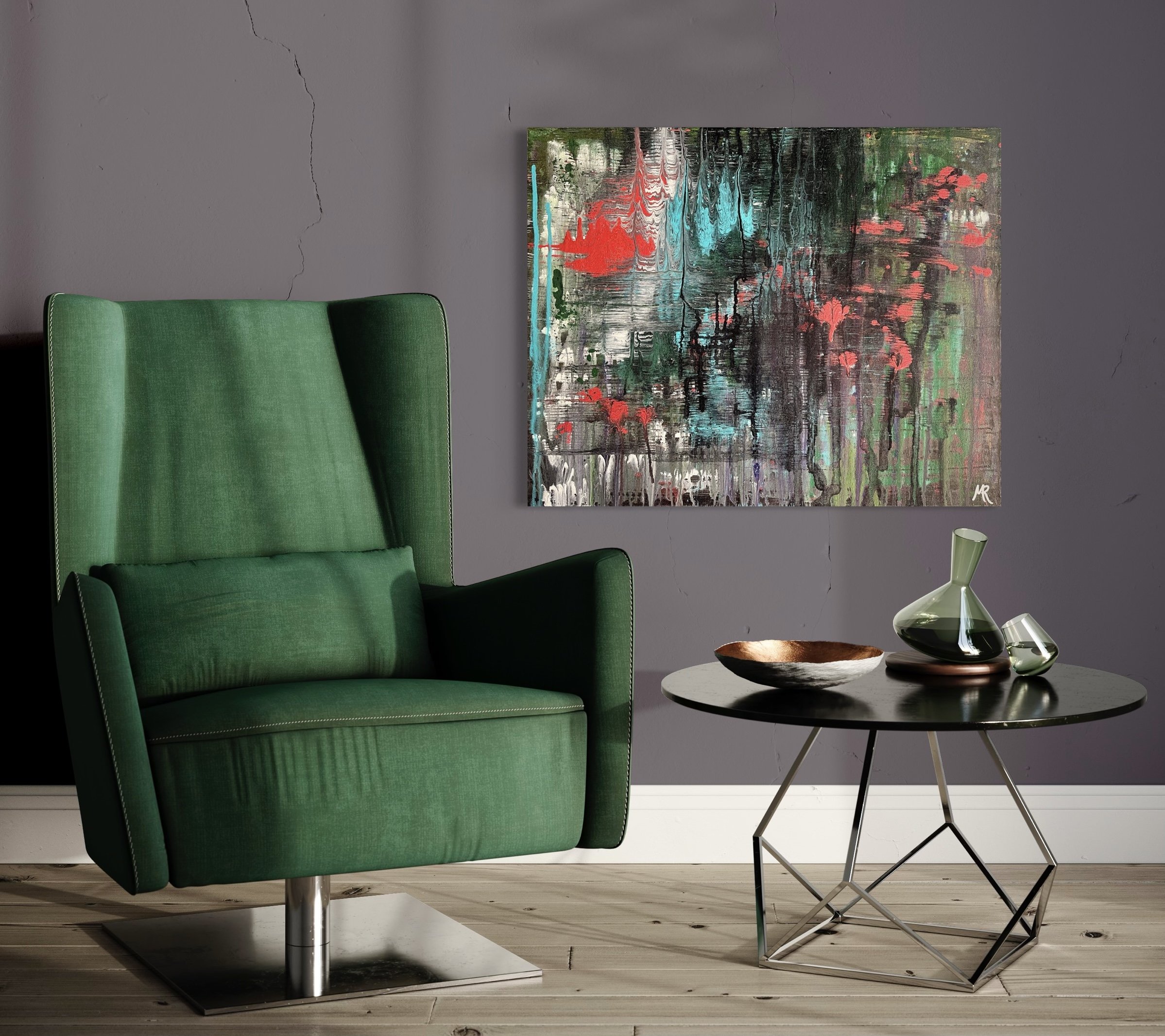 Grungy, dark, disheveled, glitchy, rebellious. Bright red, blue, and white compensate for a black, dark green, gold, and a purple background. Several layers give this piece depth.