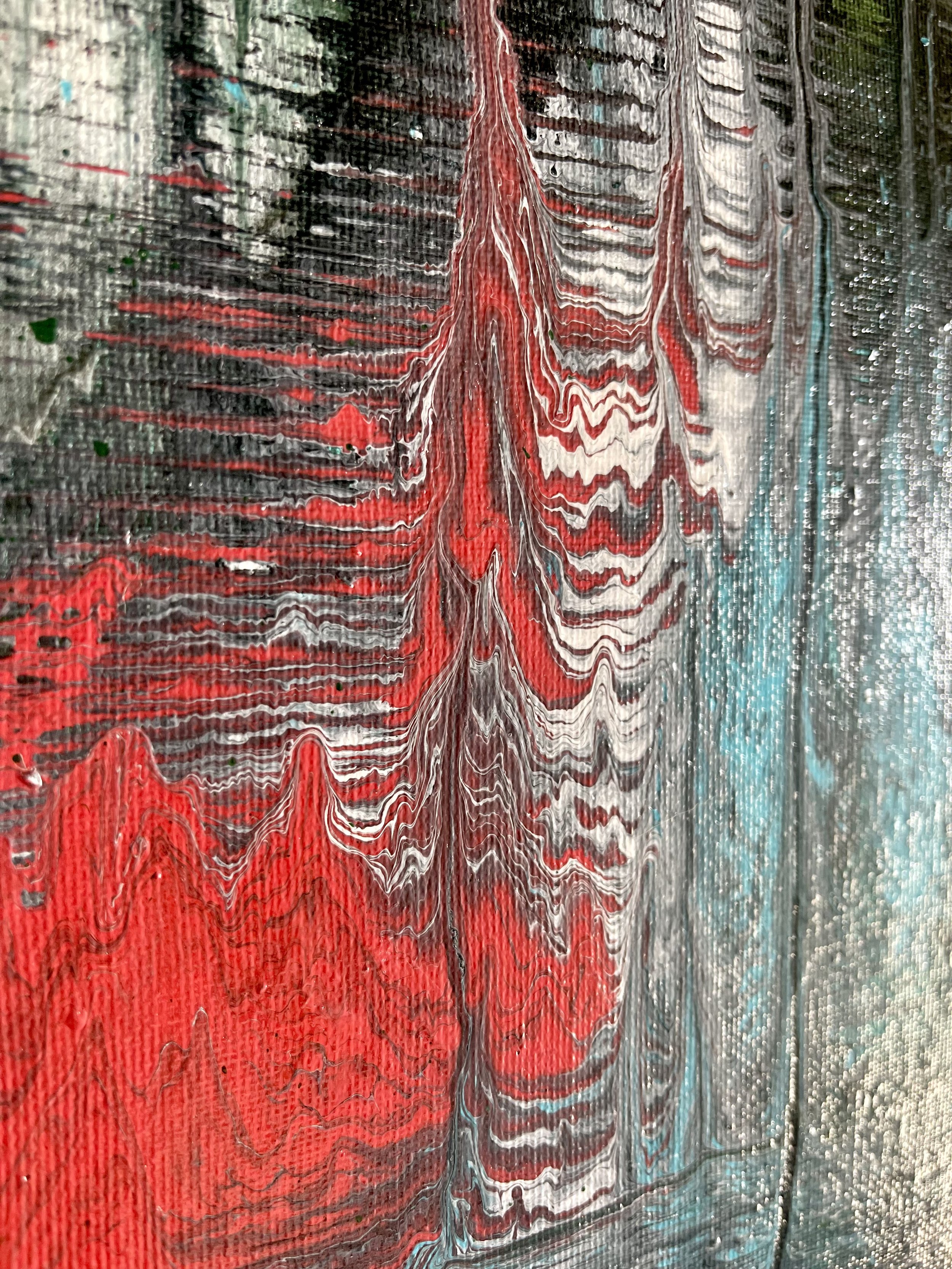 Grungy, dark, disheveled, glitchy, rebellious. Bright red, blue, and white compensate for a black, dark green, gold, and a purple background. Several layers give this piece depth.