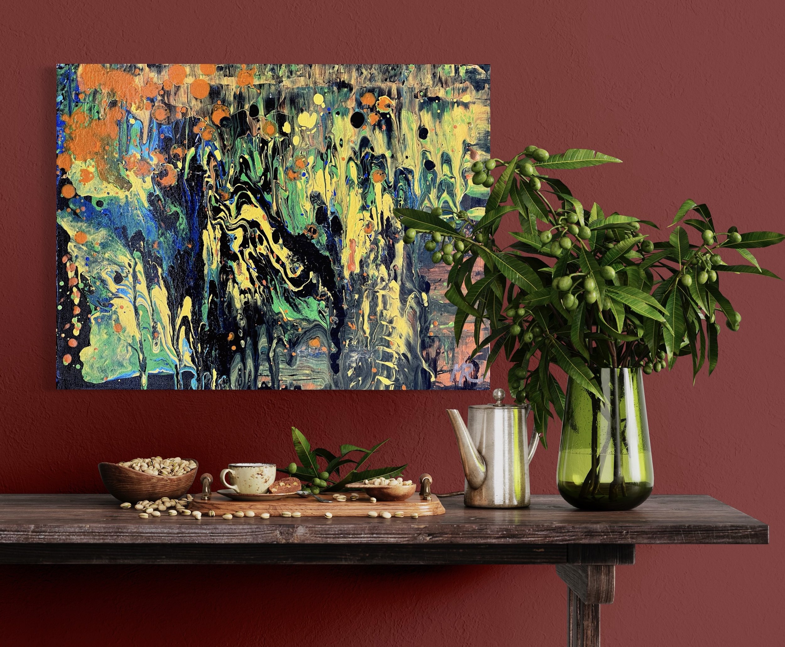 Jukebox captures innocence and fun. Bright, almost neon colors, are poured over a black canvas to produce a rich juxtaposition that will appear to flow for years to come.
