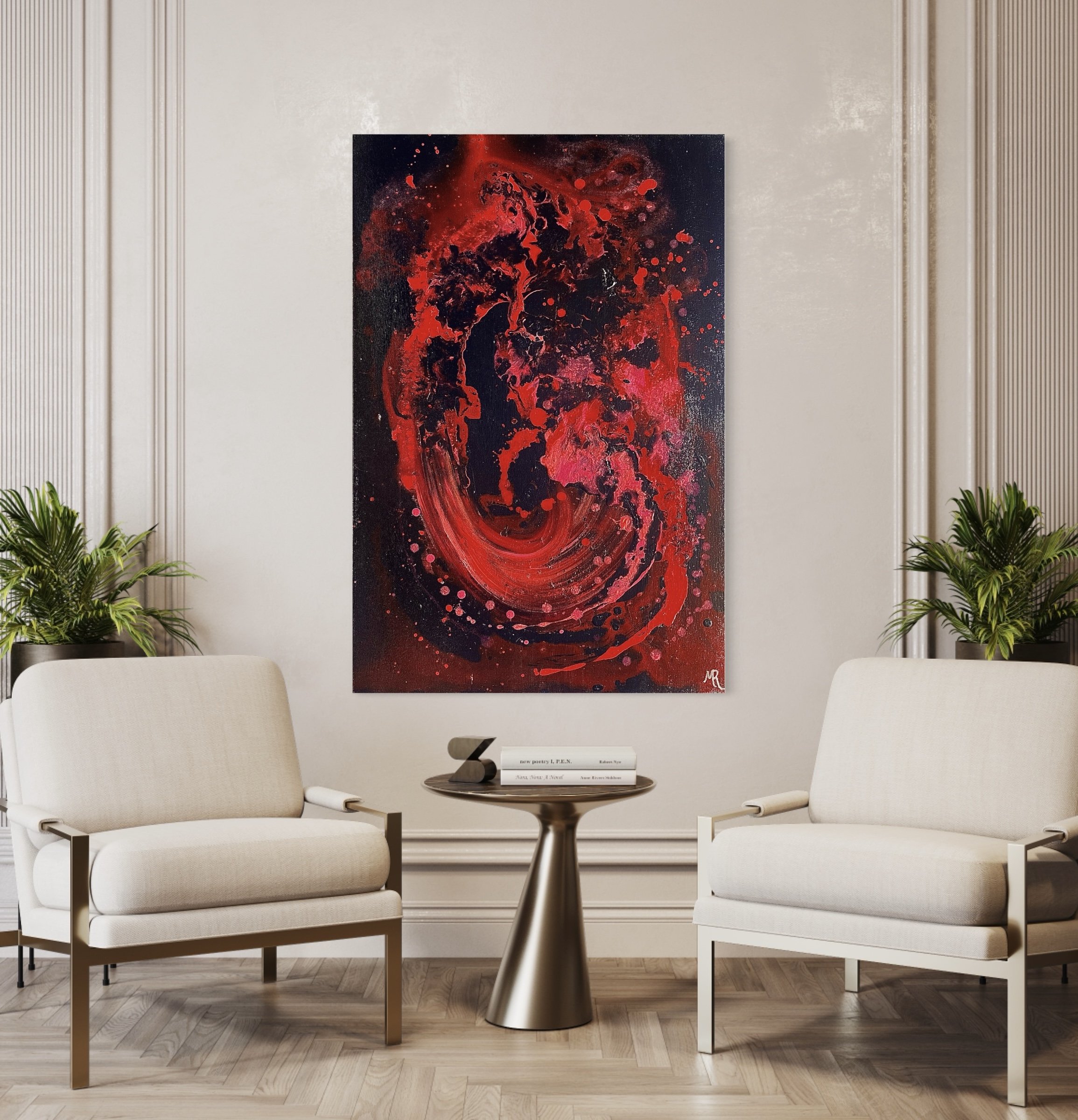 Deep mirrors your innermost emotions. Vivid red and swirls onto a black abyss, surfacing with pink subtlety. Light texture adds depth to an already cavernous piece that will crave your attention.