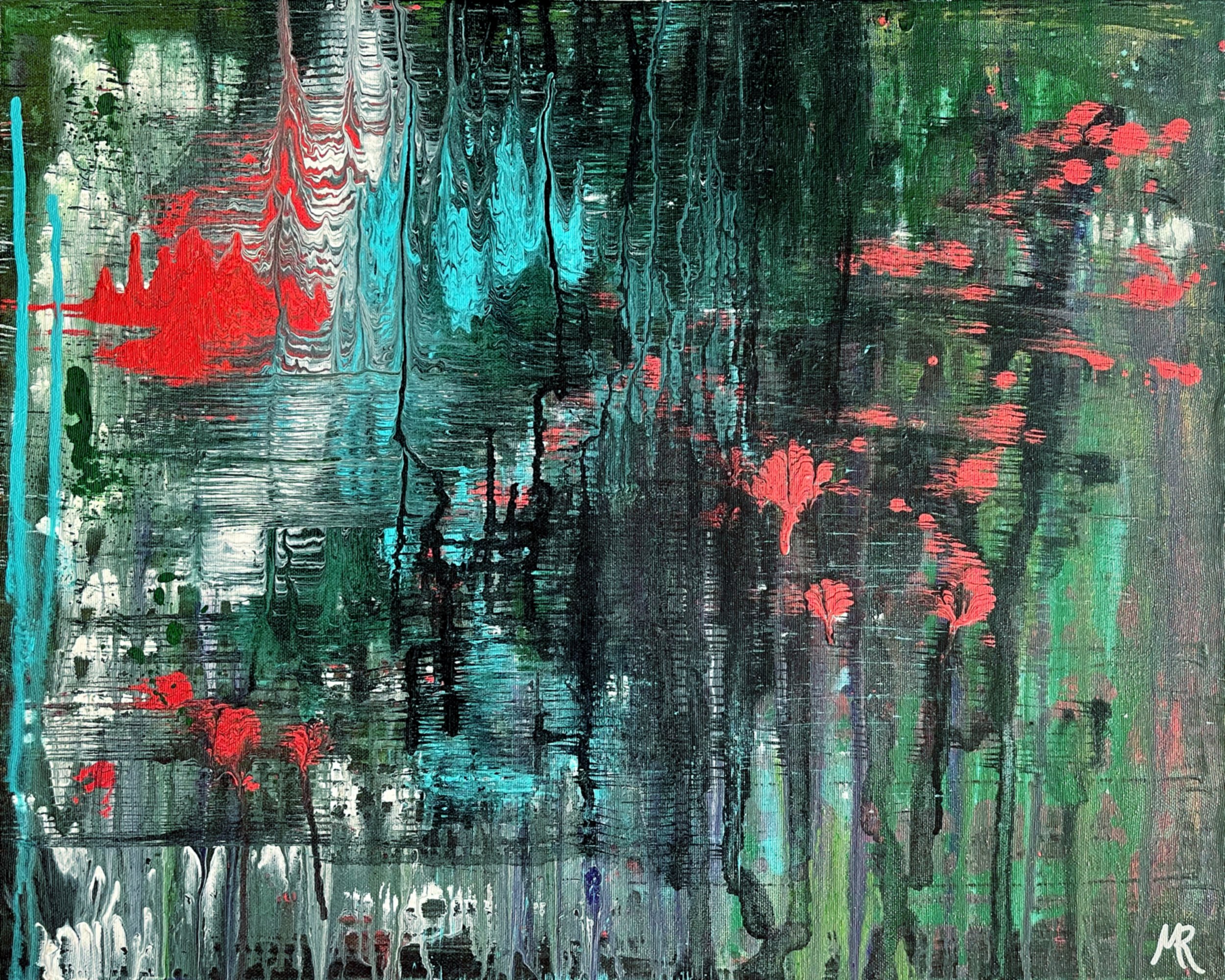 Grungy, dark, disheveled, glitchy, rebellious. Bright red, blue, and white compensate for a black, dark green, gold, and a purple background. Several layers give this piece depth.