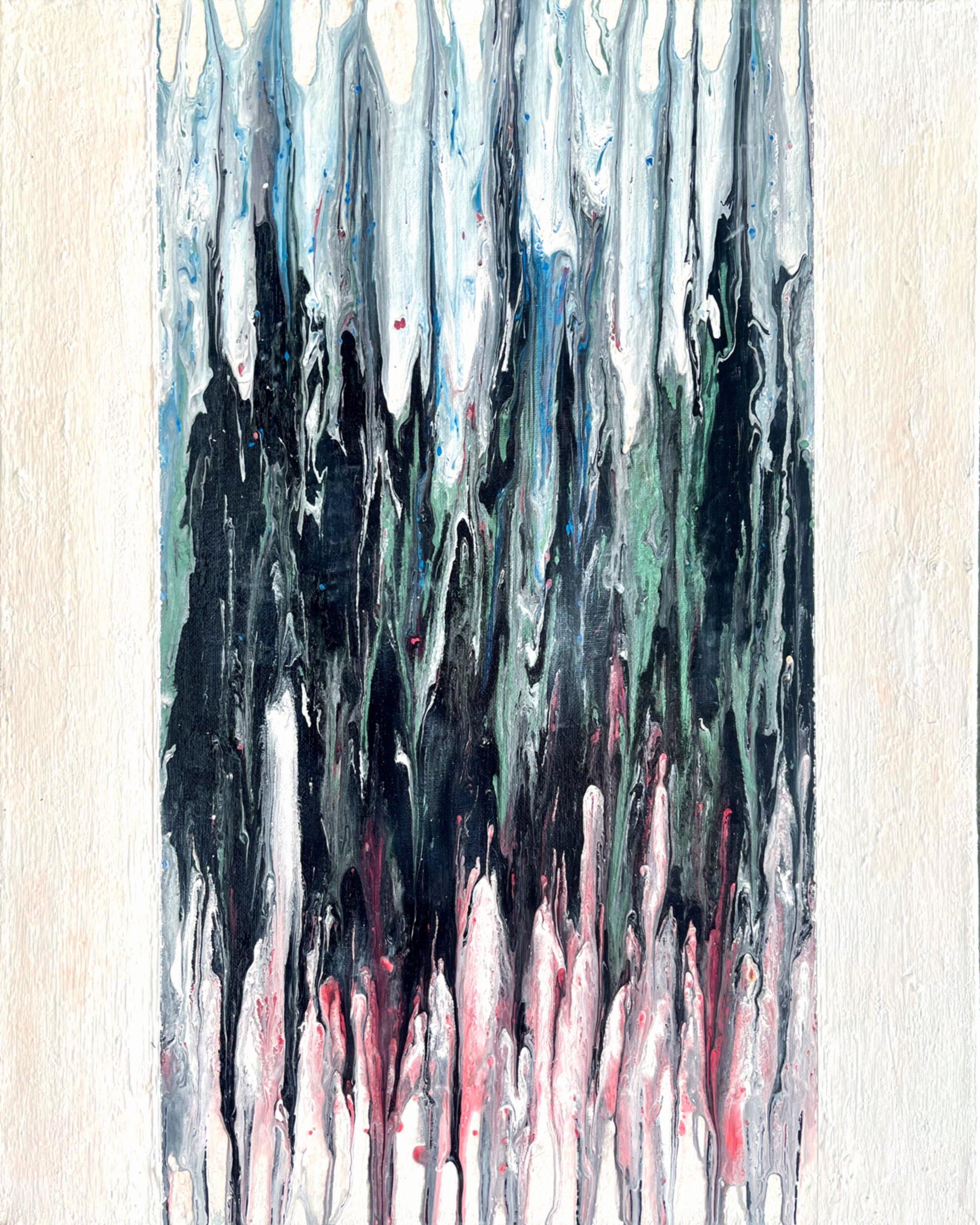Contrasted with black and thick white with pink tinted borders, this piece will take you back to the late 20th century. Multiple layers add depth and texture for an overall bodacious mood.