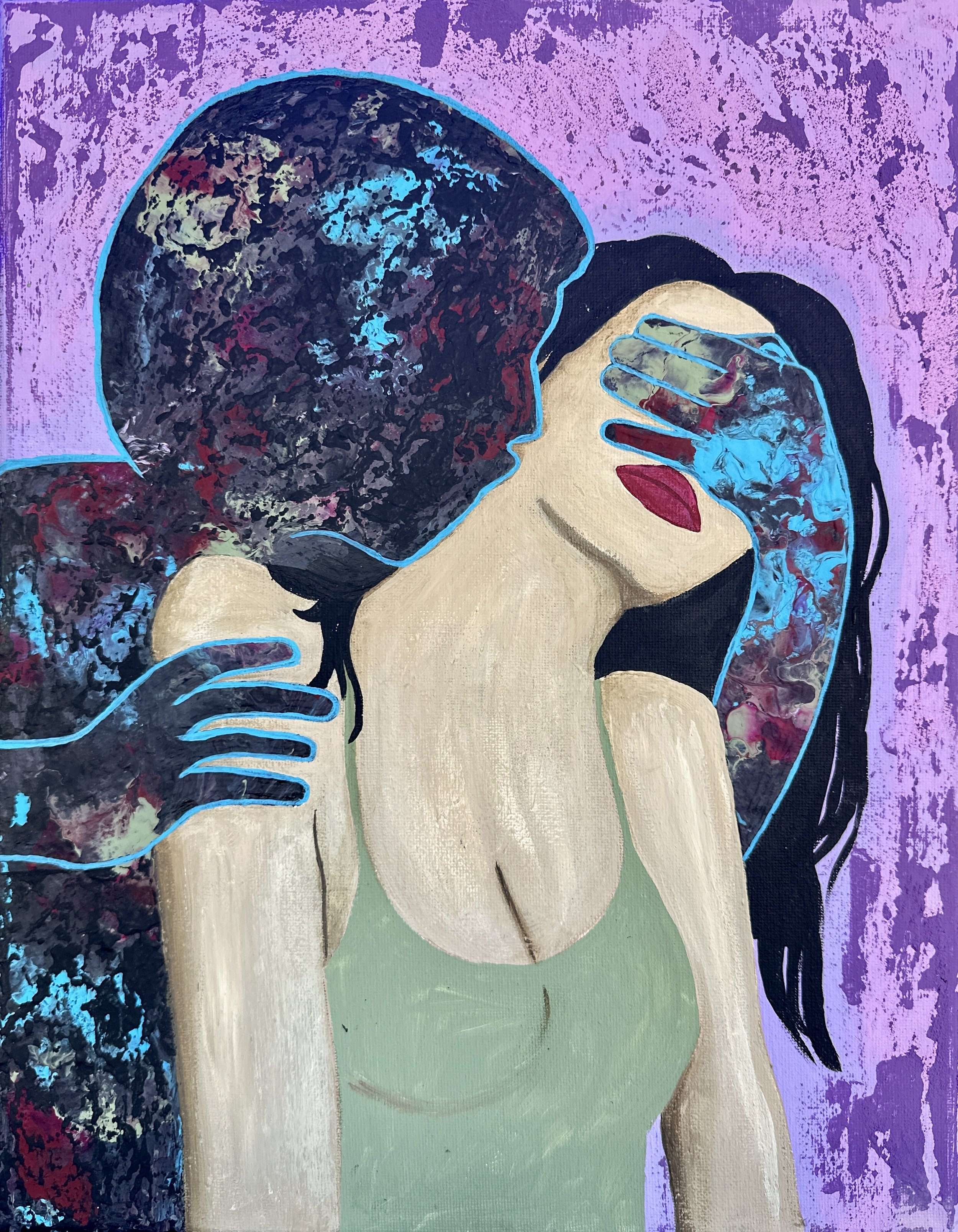 This painting depicts a naïve and hopeless romantic, willing to die for the love of her life. What a foolish woman she is! Unknowingly a conquest, she’s blinded by a soulless black hole of a man.
