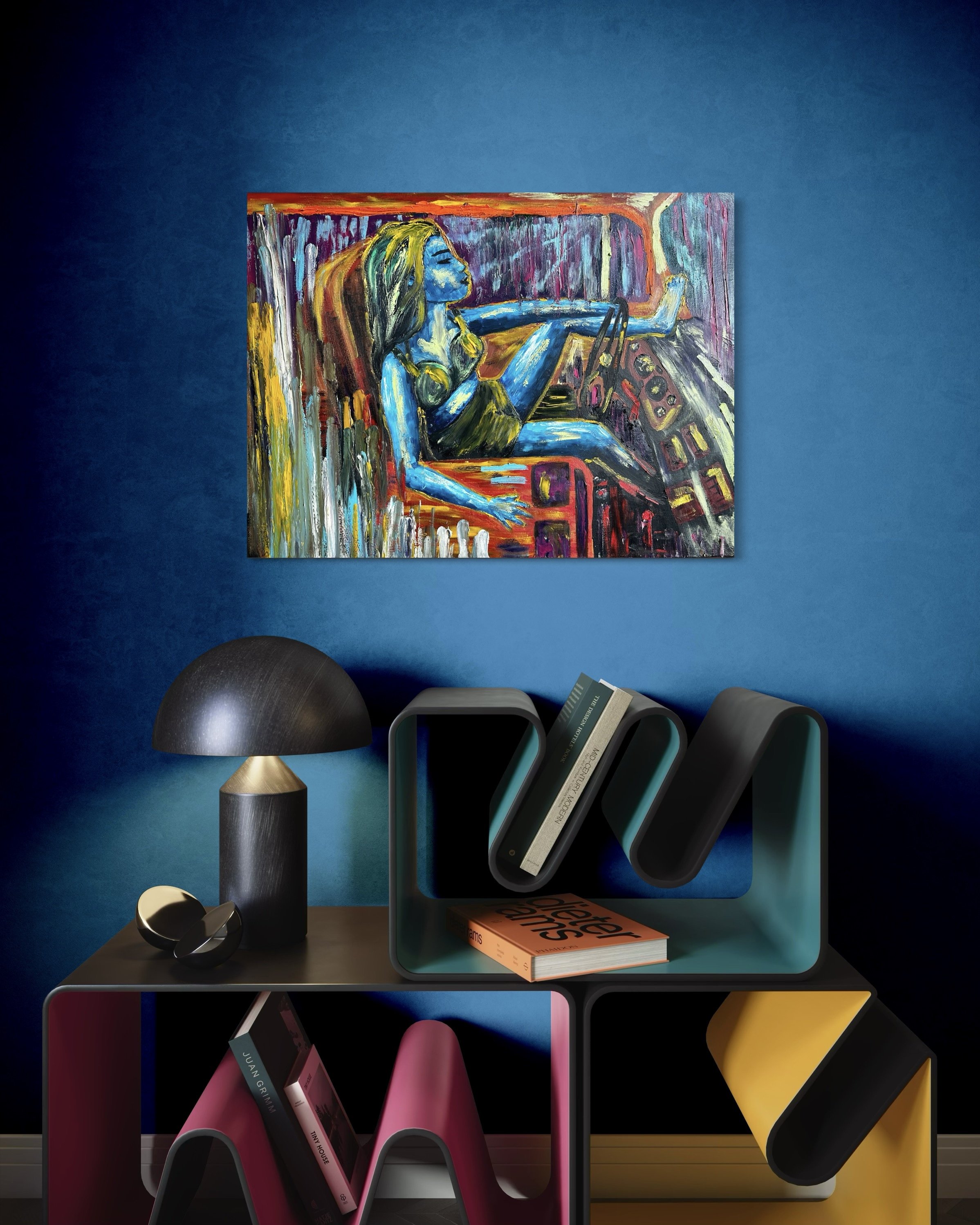 The painting encapsulates her soliloquy, an introspective moment expressed through vibrant emotion and bold brushstrokes, as she embarks on a journey toward self-discovery and freedom.