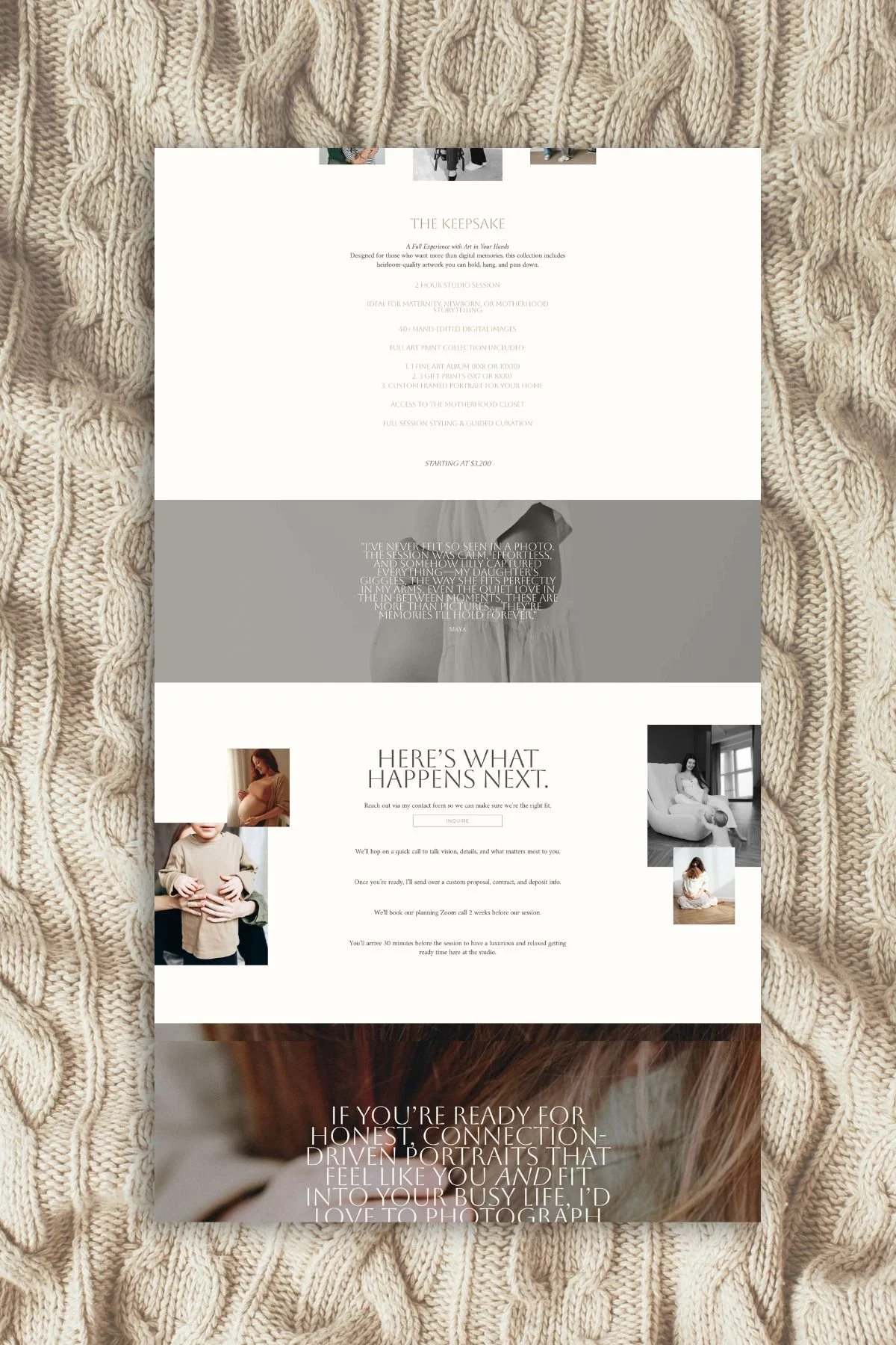 A webpage layout on a textured beige knitted fabric background. The page includes sections with text, quotes, and images, about a photography or portrait session service, featuring client images and a quote about photography memories.