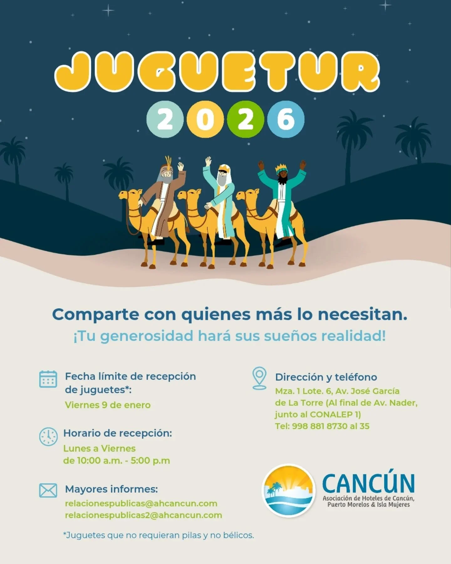🐫👑 &iexcl;S&uacute;mate al #JUGUETUR2026! 🪀🧸
Los invitamos a nuestra colecta anual de juguetes para compartir con peque&ntilde;os que no siempre tienen la oportunidad de recibirlos. 
&iexcl;Ay&uacute;danos a llevar la felicidad de esta celebraci&