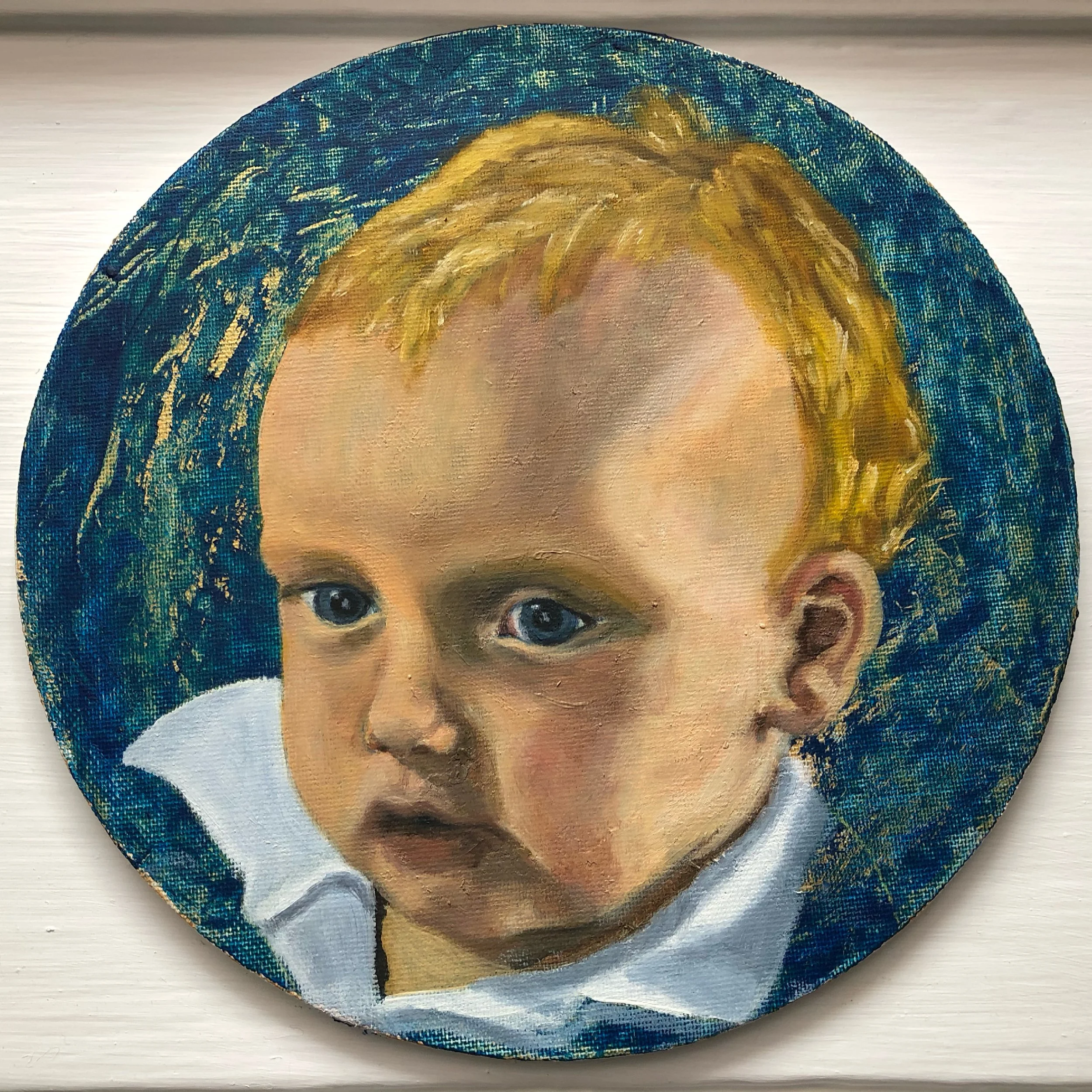 Redding, P., Commission - Ms K Smith - "Charlie", 2020, oil/acrylic on round board, 20 cm
