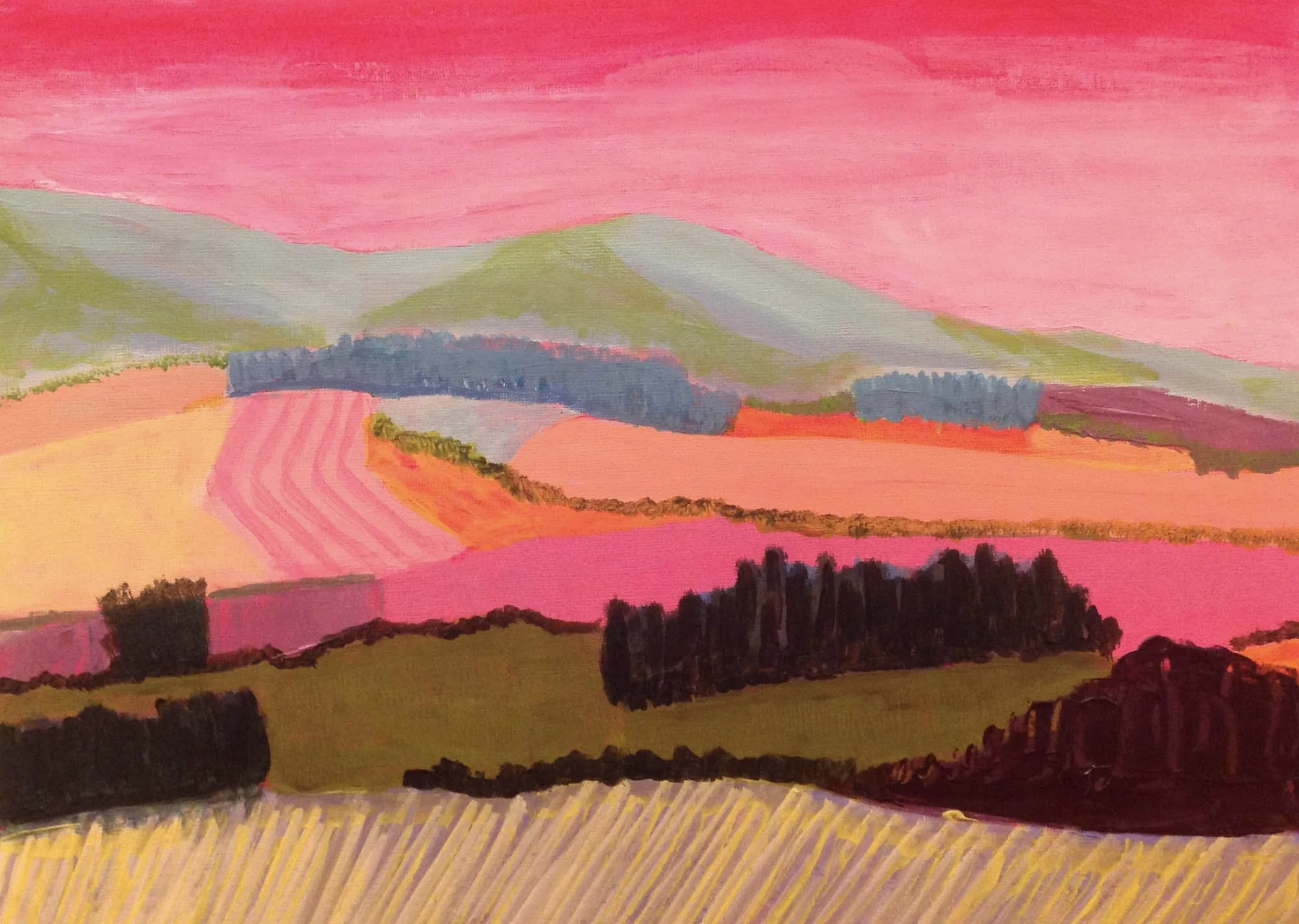 Redding, P., Landscape in the pink, 2017, acrylic, 24 cm x 29.7 cm