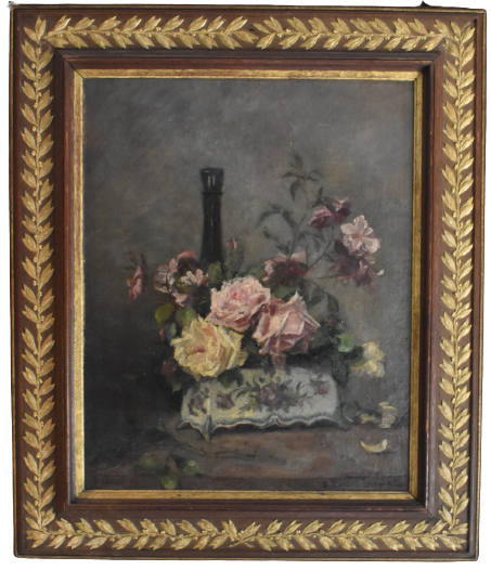 A. Bartier Deroche. late 19th Century, pink and white roses in an Oriental vase.