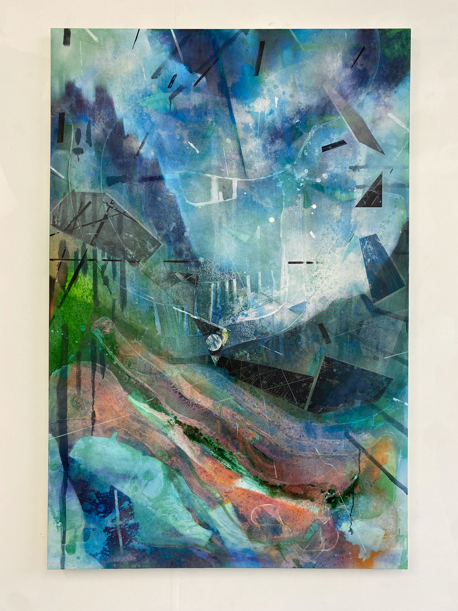 'Tempest' oil, household, spray paint and image transfer on canvas, 154 x 102 cm