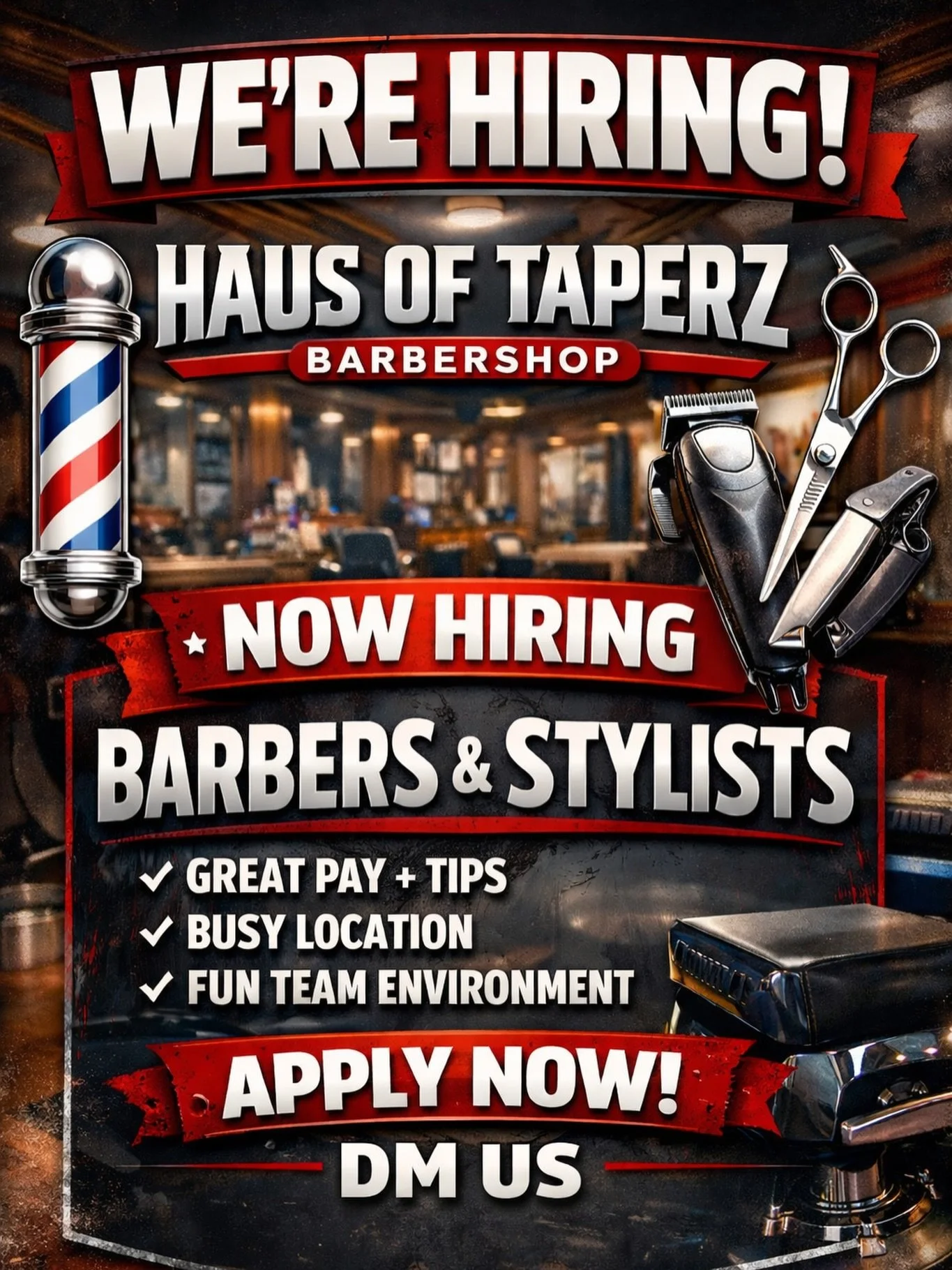 We&rsquo;re looking for barbers and stylists who are serious about their craft and ready to work in a busy shop. Haus Of Taperz isn&rsquo;t the spot where you sit around waiting for clients. We stay booked, we stay sharp, and we take pride in every c
