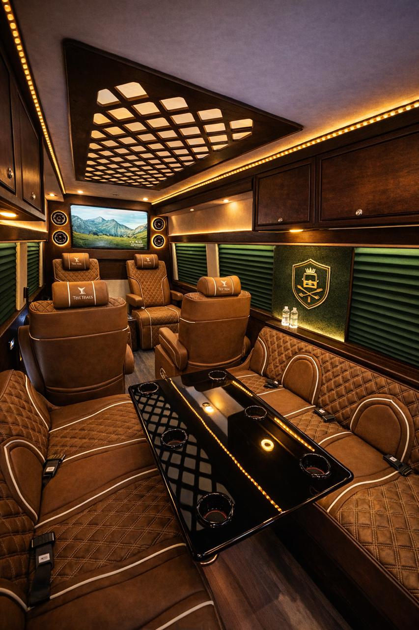 Premium golf transportation vehicle with comfortable seating for private golf groups in Central Florida.