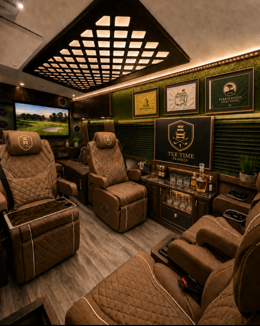 Luxury Sprinter van interior designed for private golf groups traveling across Tampa Bay and Central Florida.