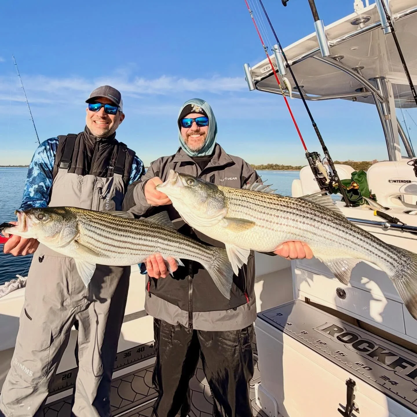 Great trip today with Rockfish regulars Dave &amp; Adam on their 1st trip with us this year. Caught a ton of nice bass including some bigger fish hitting top water that just moved in! 
Charters twice a day &amp; open boats Tuesdays &amp; Thursdays. B