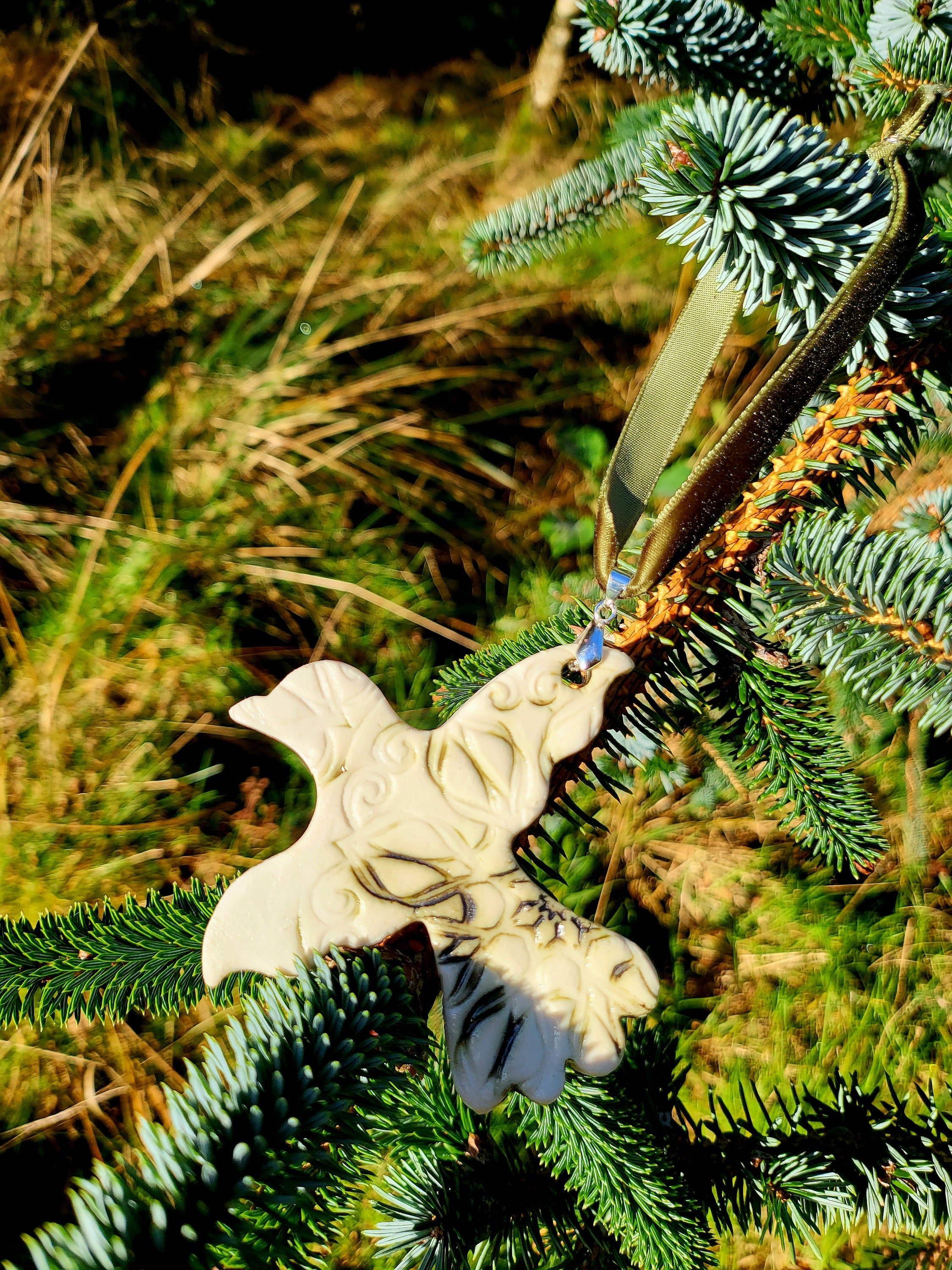 Handmade Rustic Traditional Porcelain Hangers Pr Turtle Dove with Green Velvet Ribbon