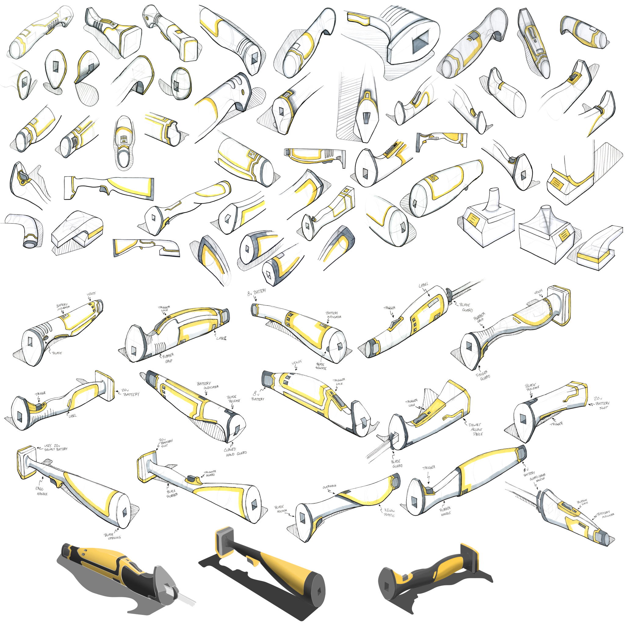 Finally, I began sketching ideas for a new knife. I settled on three different designs, and ultimately chose the left most sketch render. Unlike the other two, this one features the 8v battery and trigger from the screwdriver, which I felt fit the fo