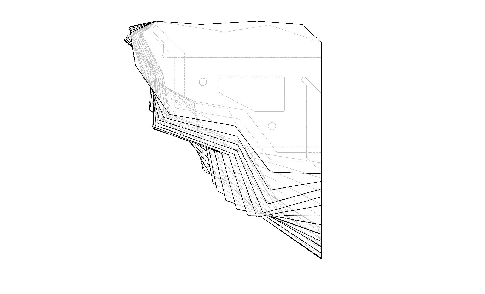 Shown here is a transparent view of the shelf to visualize the interior. A cavity for weight saving can be seen as well as the holes for guide dowels to align the pieces during assembly.