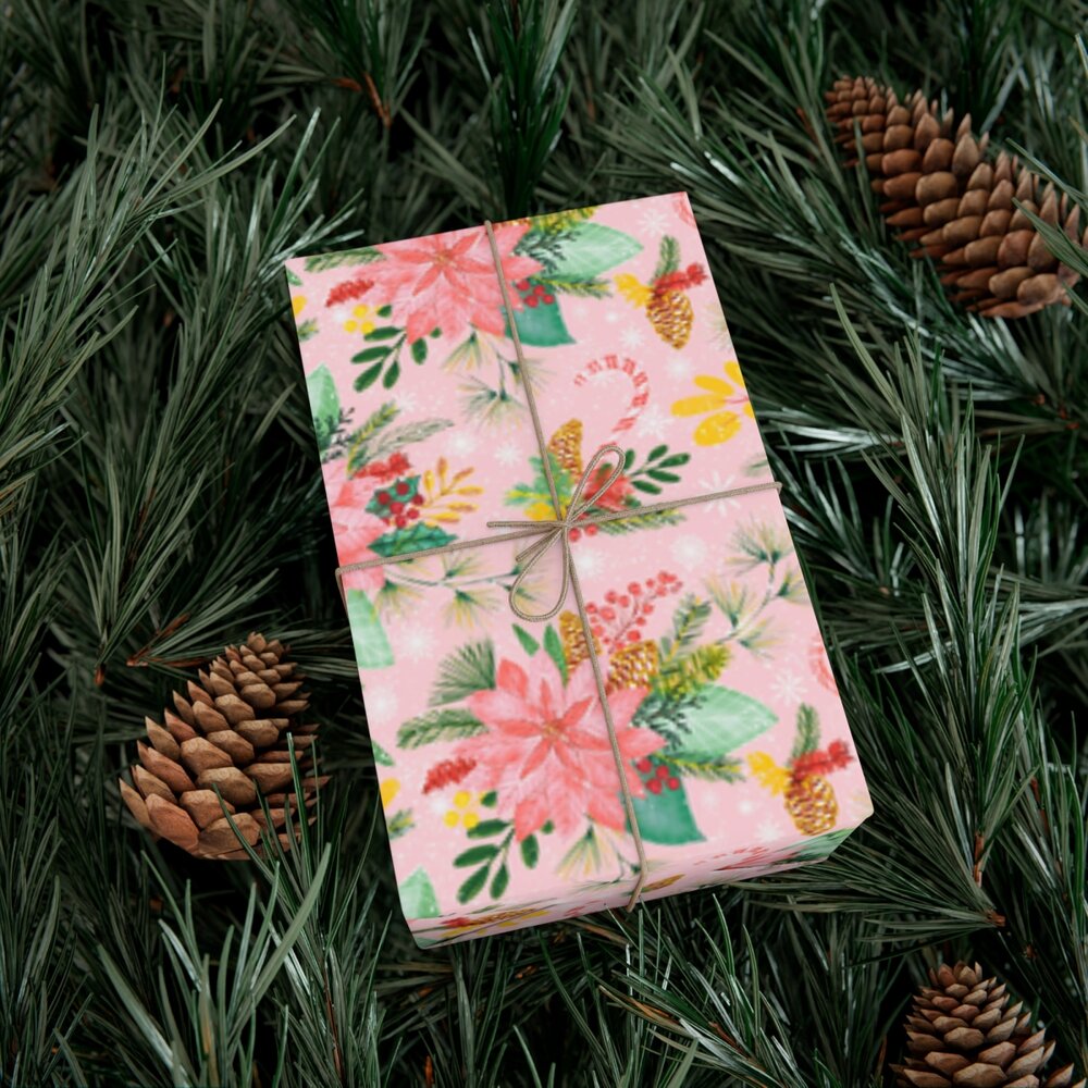 modern christmas wrapping paper, pink christmas, watercolor floral  poinsettias gift wrap, holiday — Surface Pattern Designer Jacqueline  Maldonado Art