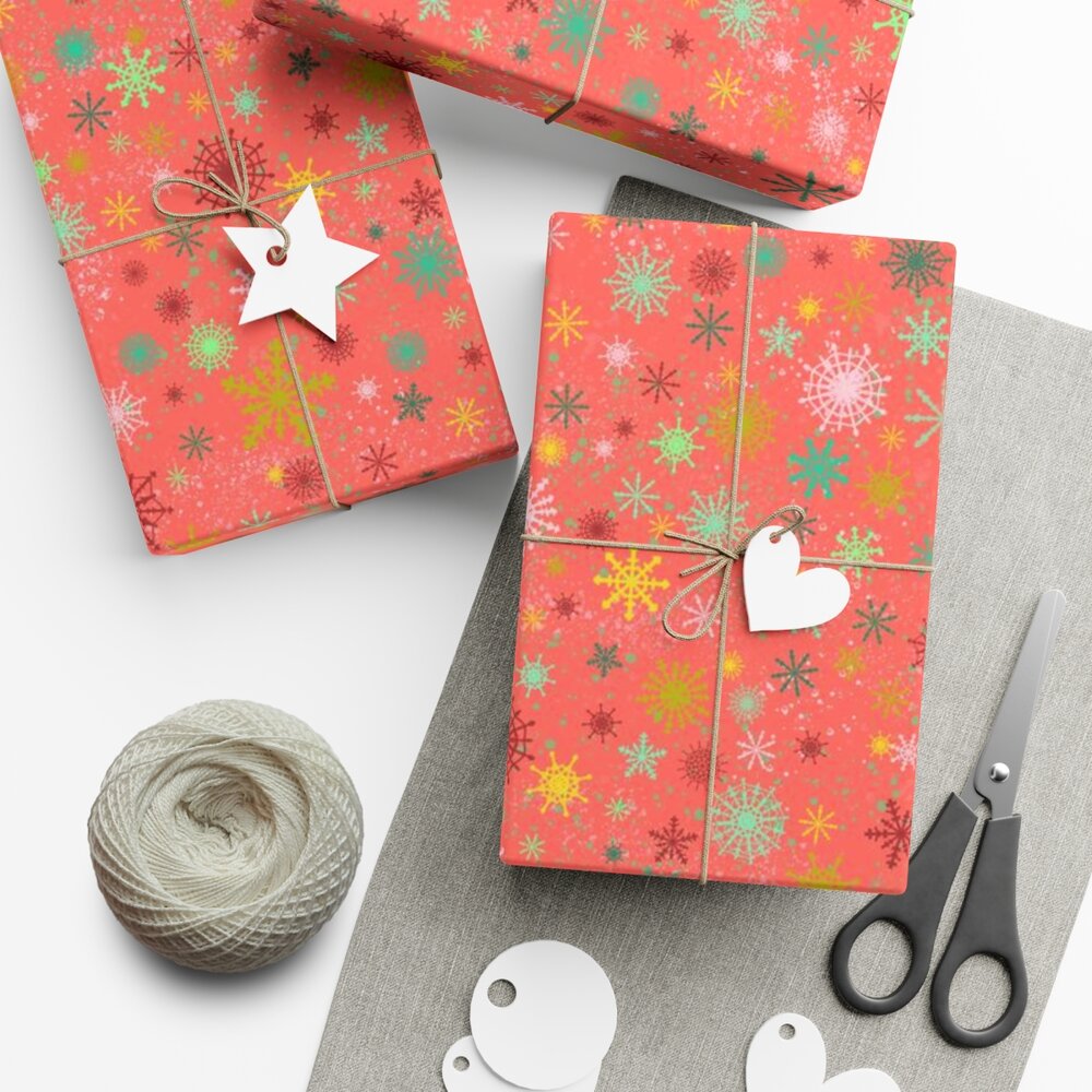 Wrapping christmas gifts. Stylish present, festive wrapping paper