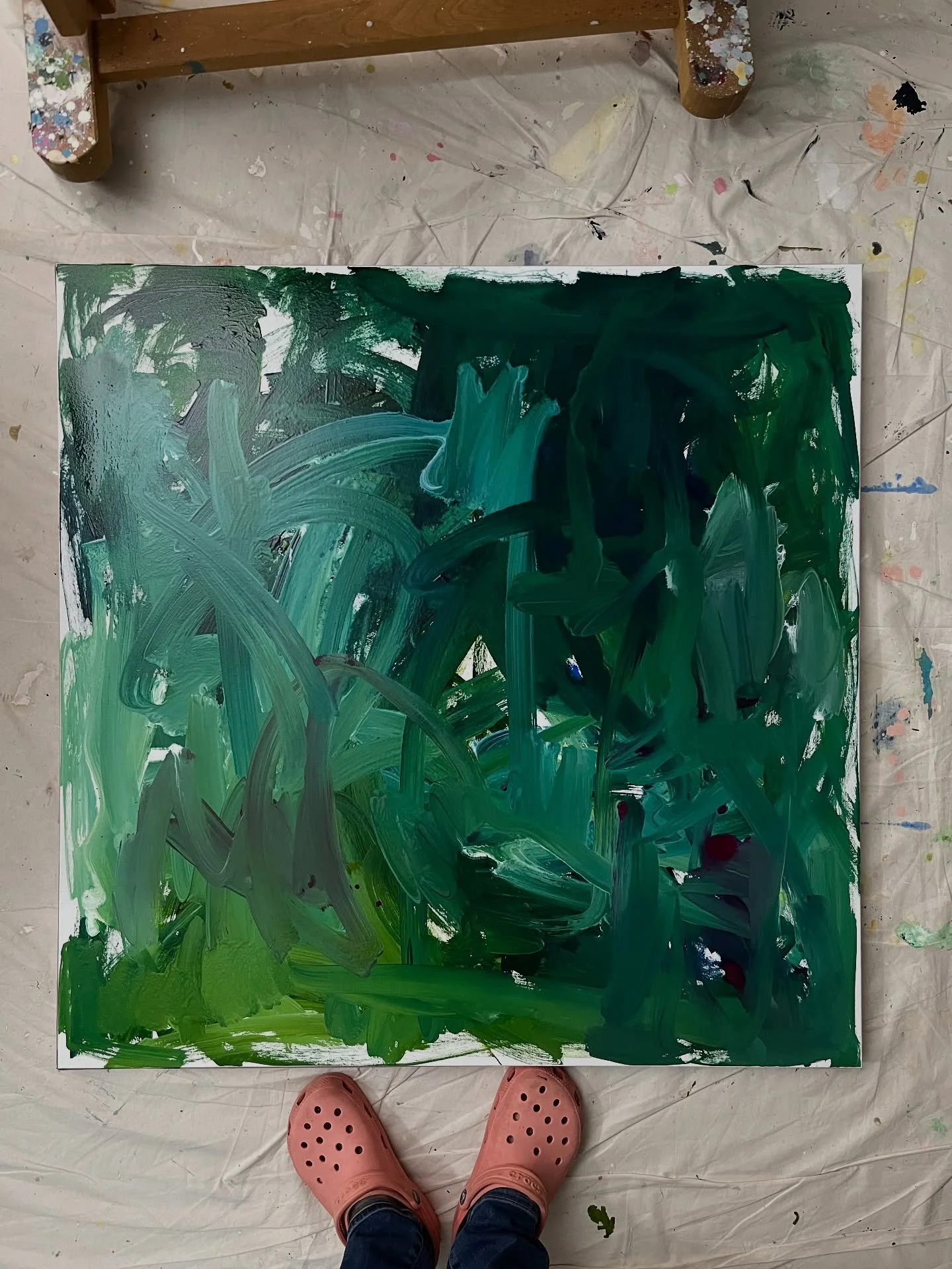 New painting in progress.. I don&rsquo;t always start the same way..since I&rsquo;m referencing nature in this years series.. I&rsquo;m starting with a green field.. since autumn is unfolding slowly I feel like this is a good starting point.. let&rsq