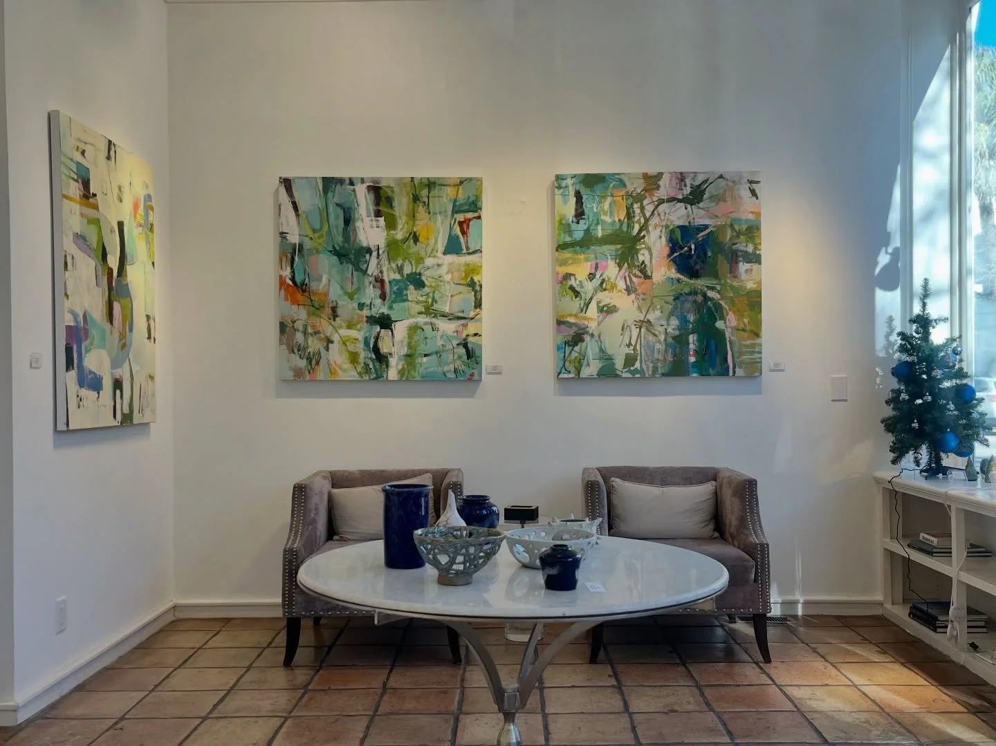 Love this view of two of my favorite paintings Skyfall and Full Bloom Summer at Hagan Fine Art Gallery @haganfineart stop by on this gorgeous day!! #abstractexpressionism #abstractart #contemporaryart