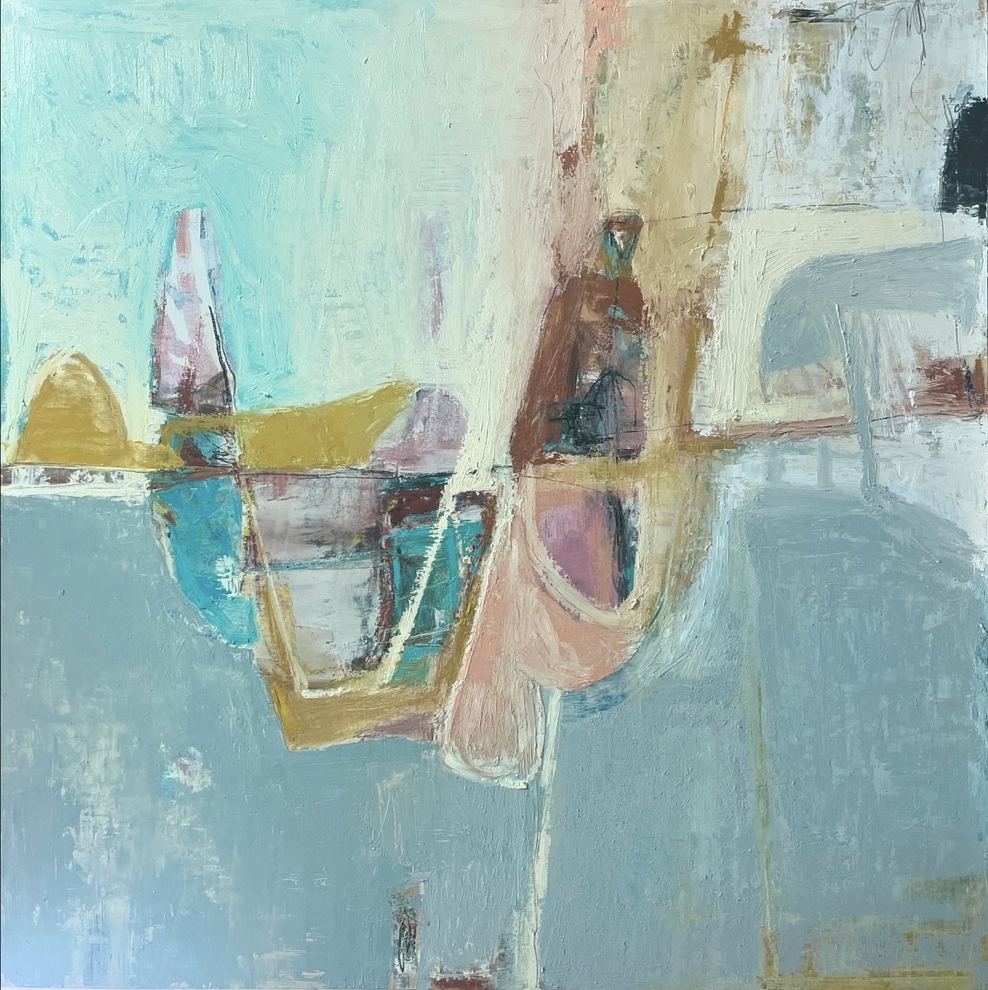 "Sloop John B" 30x30 oil, charcoal, crayon, oil sticks on wood