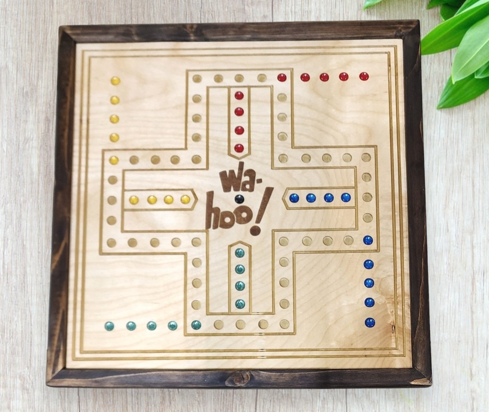 Wahoo handcrafted wooden Board Game with retro style engraving and wood trim