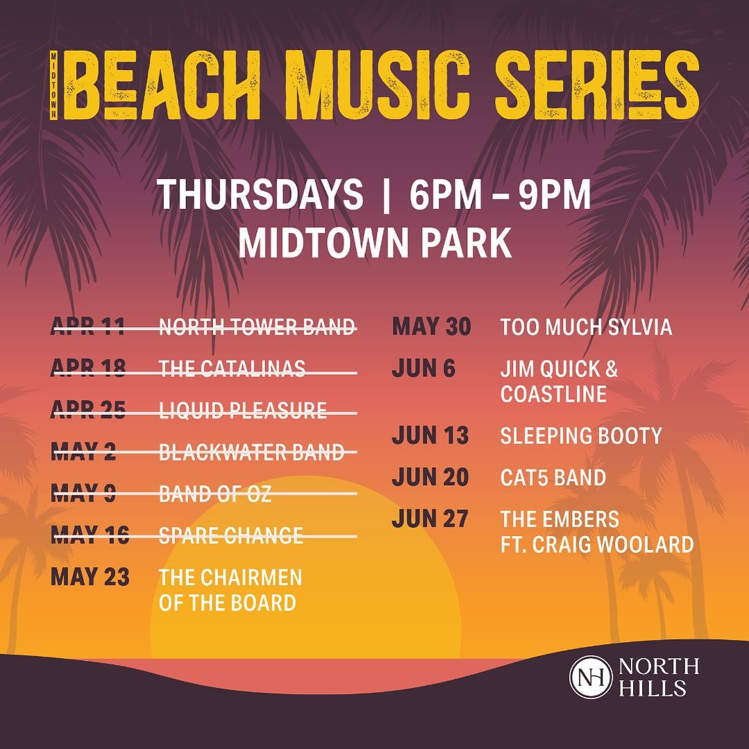 Only 6 more concerts! Don&rsquo;t miss out! 🎶☀️

#BeachMusic #MidtownPark #NorthHills #Raleigh #RaleighNC