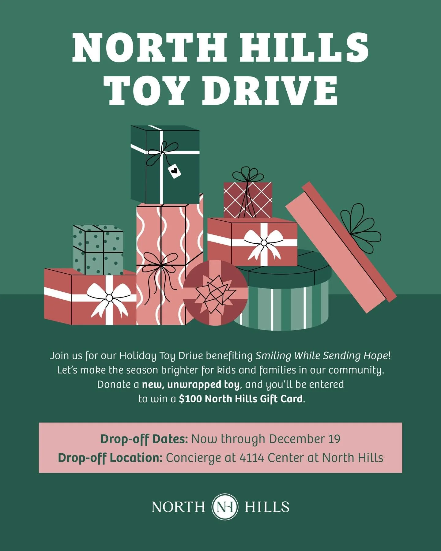 The North Hills toy drive is underway! 🎁 We&rsquo;re collecting new, unwrapped toys now through December 19th to benefit Smiling While Sending Hope! Toy donations will go to: 

&bull; Duke, UNC and WakeMed Children&rsquo;s Hospitals 
&bull; SECU Hou